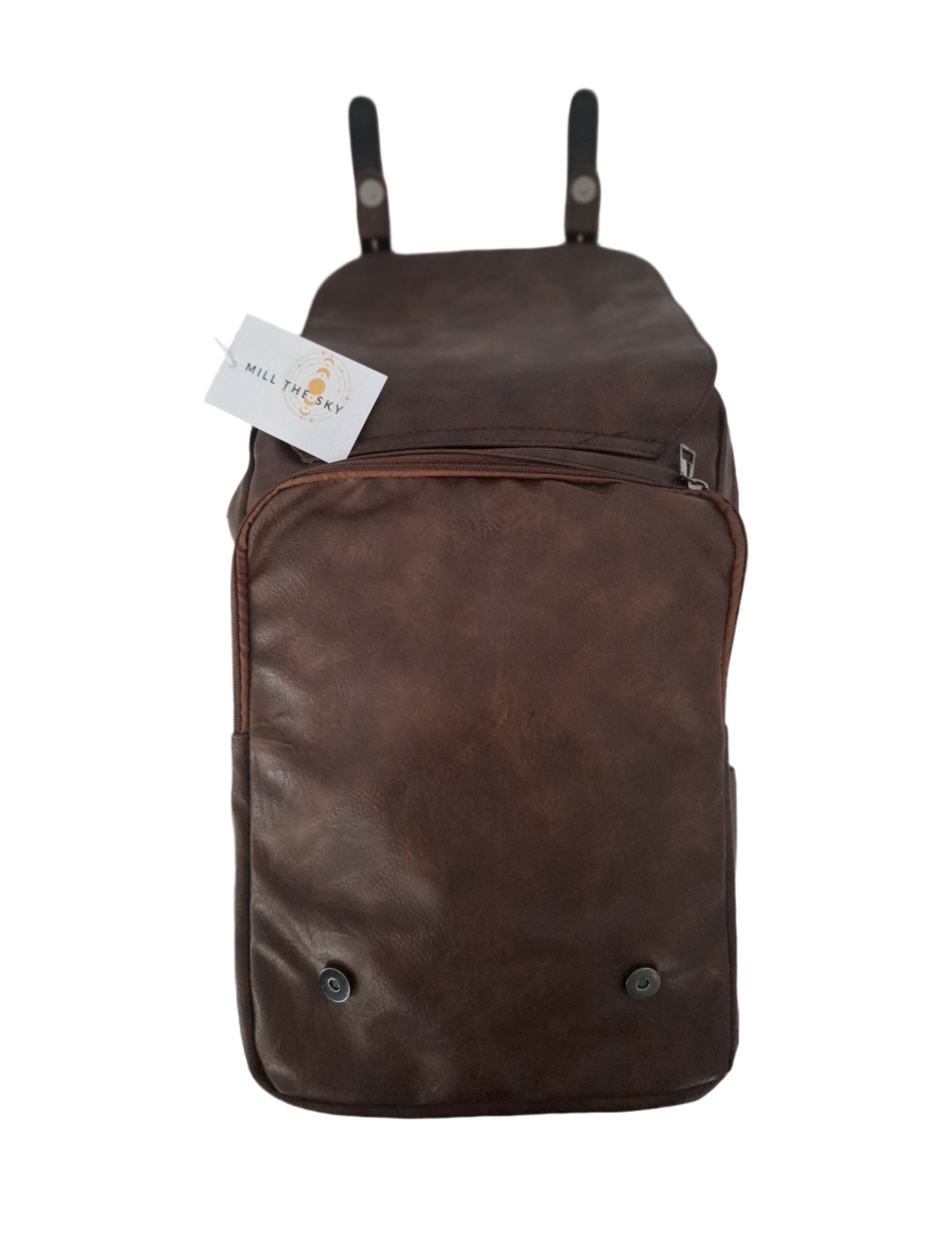 Mill The Sky: Rock-BOX Distressed Faux Leather Handcrafted Front Fold Backpack MOCCA BROWN My Store