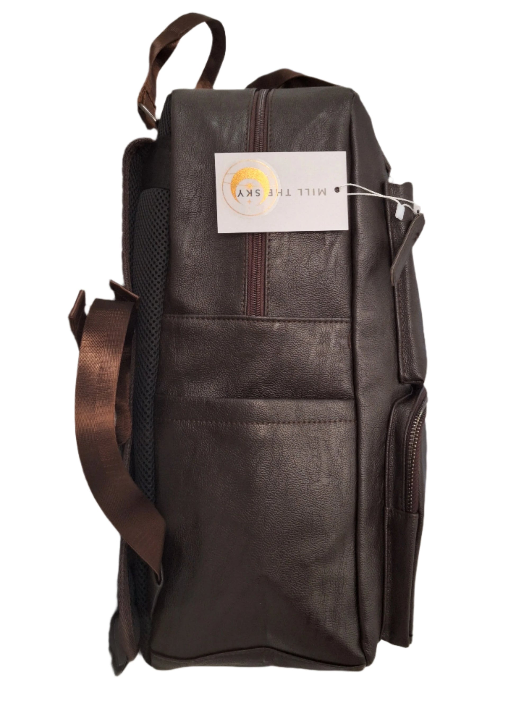 Mill The Sky: Tour-CUBE Top Holder Handcrafted Distressed Faux Leather Backpack. DARK BROWN. Rectangular Fill My Store