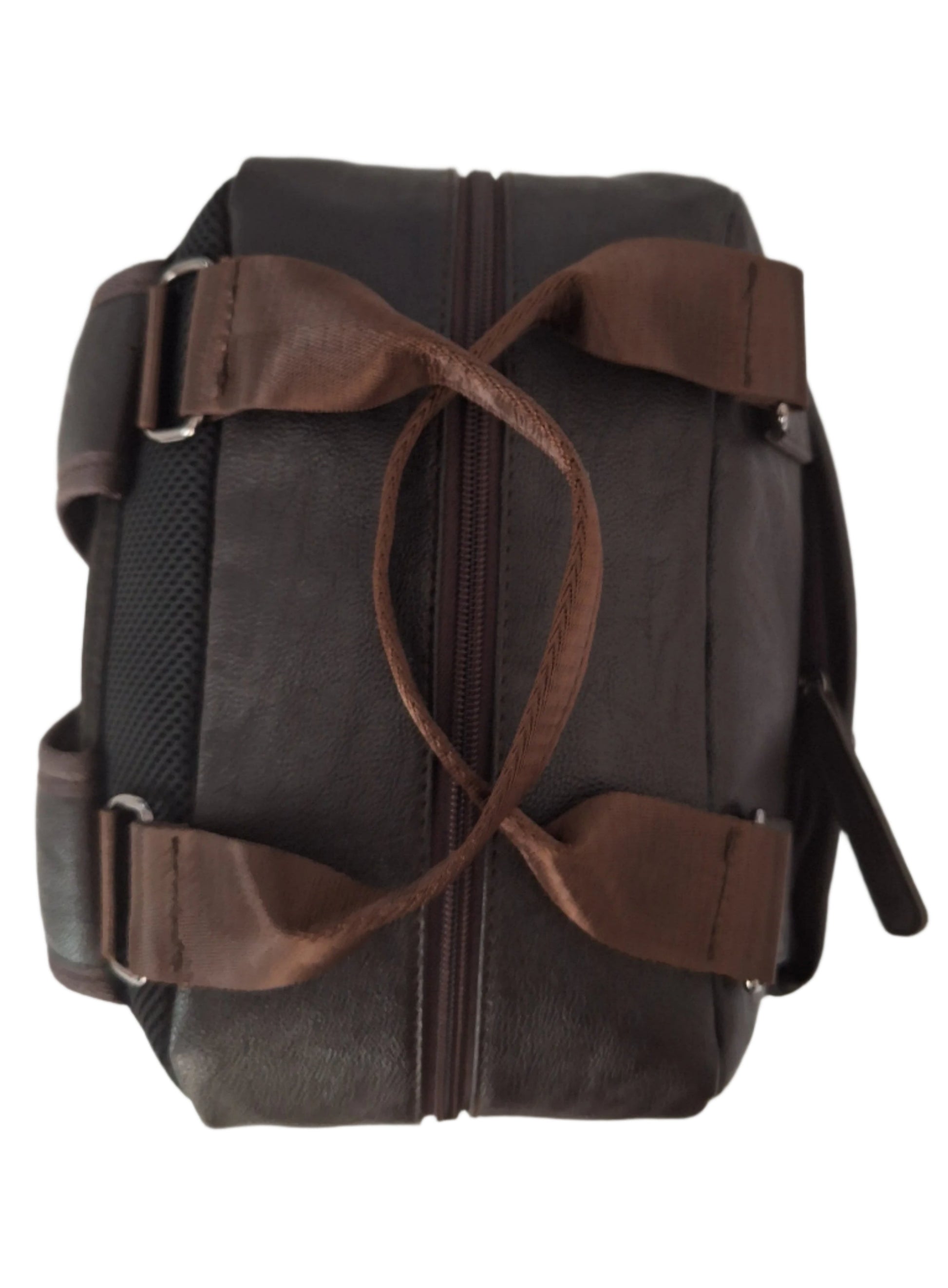 Mill The Sky: Tour-CUBE Top Holder Handcrafted Distressed Faux Leather Backpack. DARK BROWN. Rectangular Fill My Store