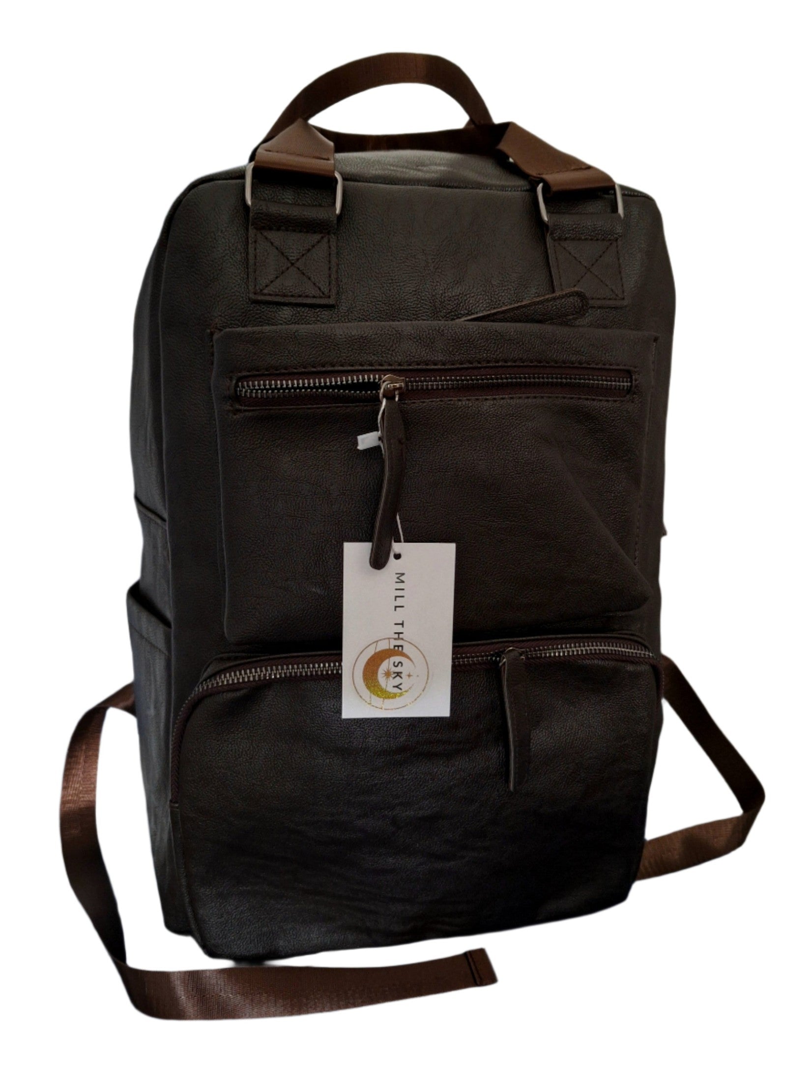Mill The Sky: Tour-CUBE Top Holder Handcrafted Distressed Faux Leather Backpack. DARK BROWN. Rectangular Fill
