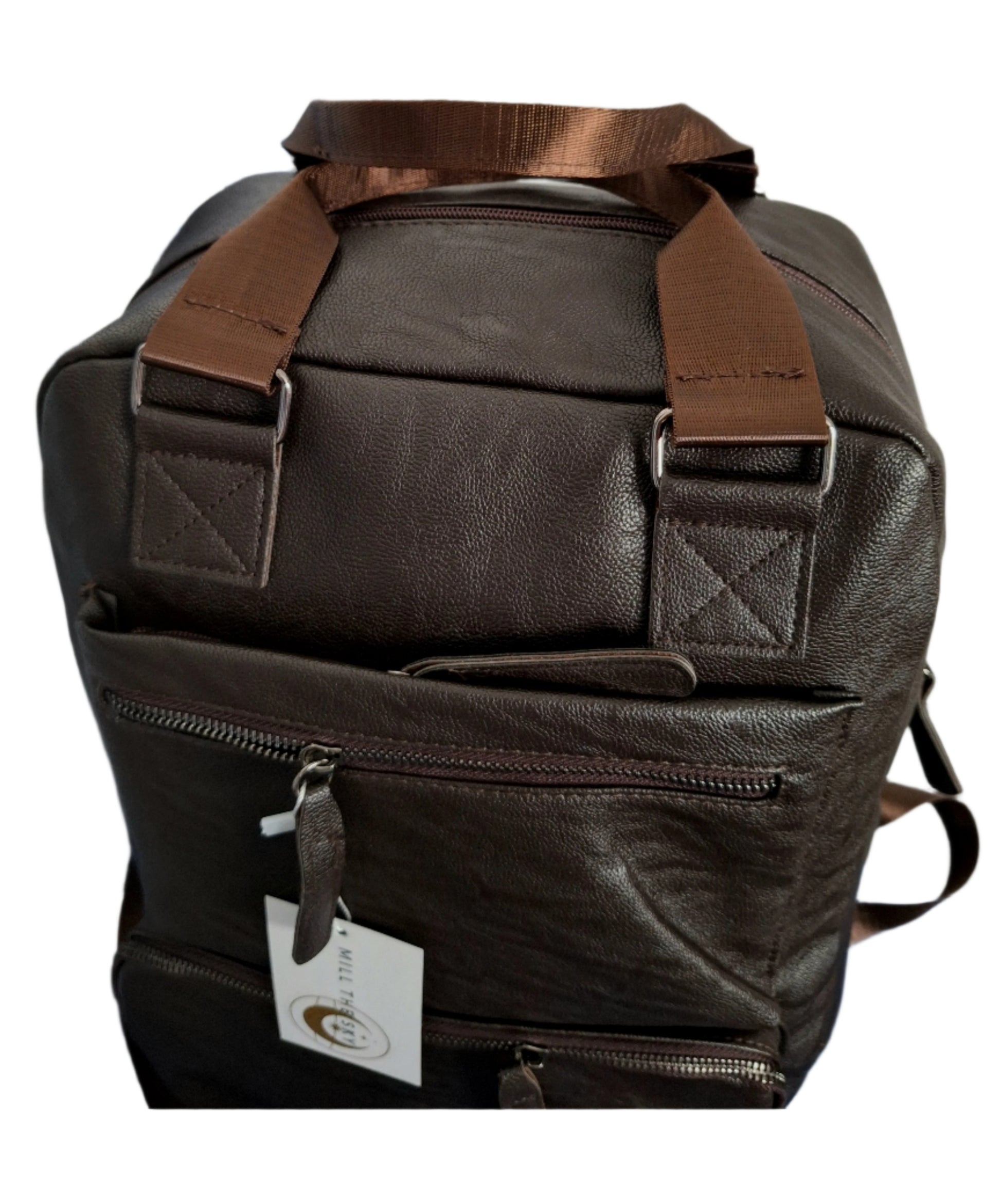 Mill The Sky: Tour-CUBE Top Holder Handcrafted Distressed Faux Leather Backpack. DARK BROWN. Rectangular Fill