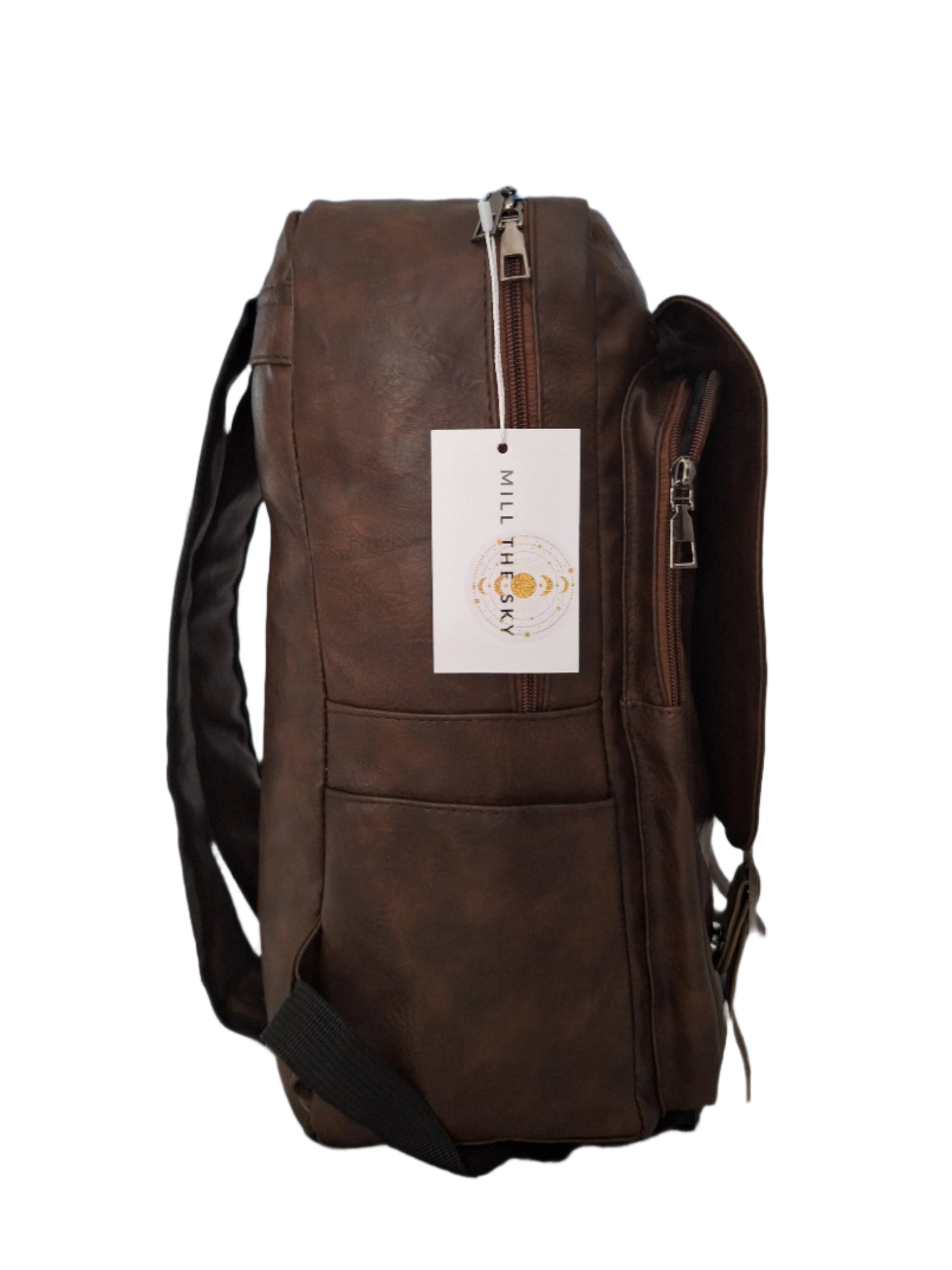 Mill The Sky: Rock-BOX Distressed Faux Leather Handcrafted Front Fold Backpack MOCCA BROWN My Store