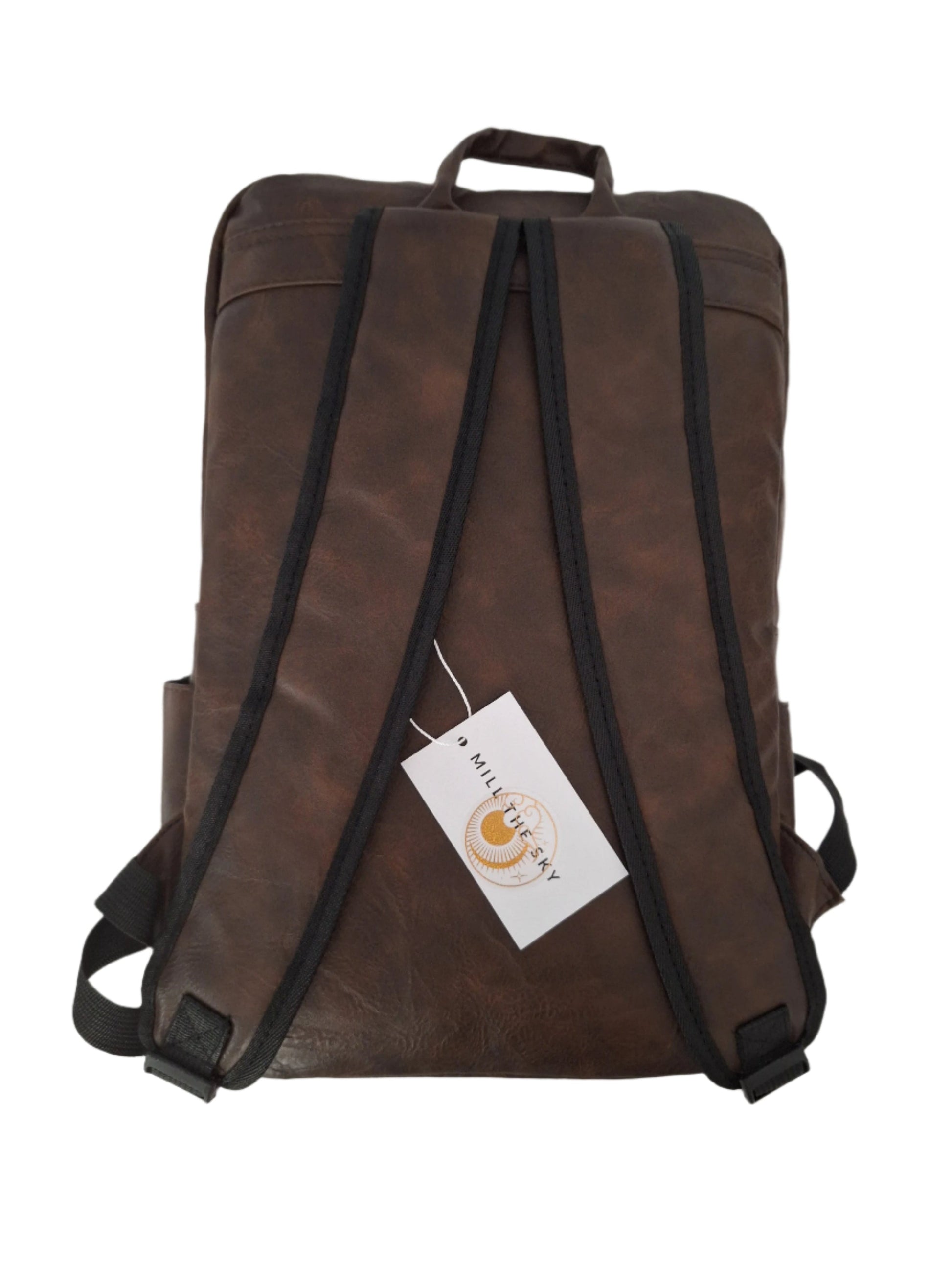 Mill The Sky: Rock-BOX Distressed Faux Leather Handcrafted Front Fold Backpack MOCCA BROWN My Store