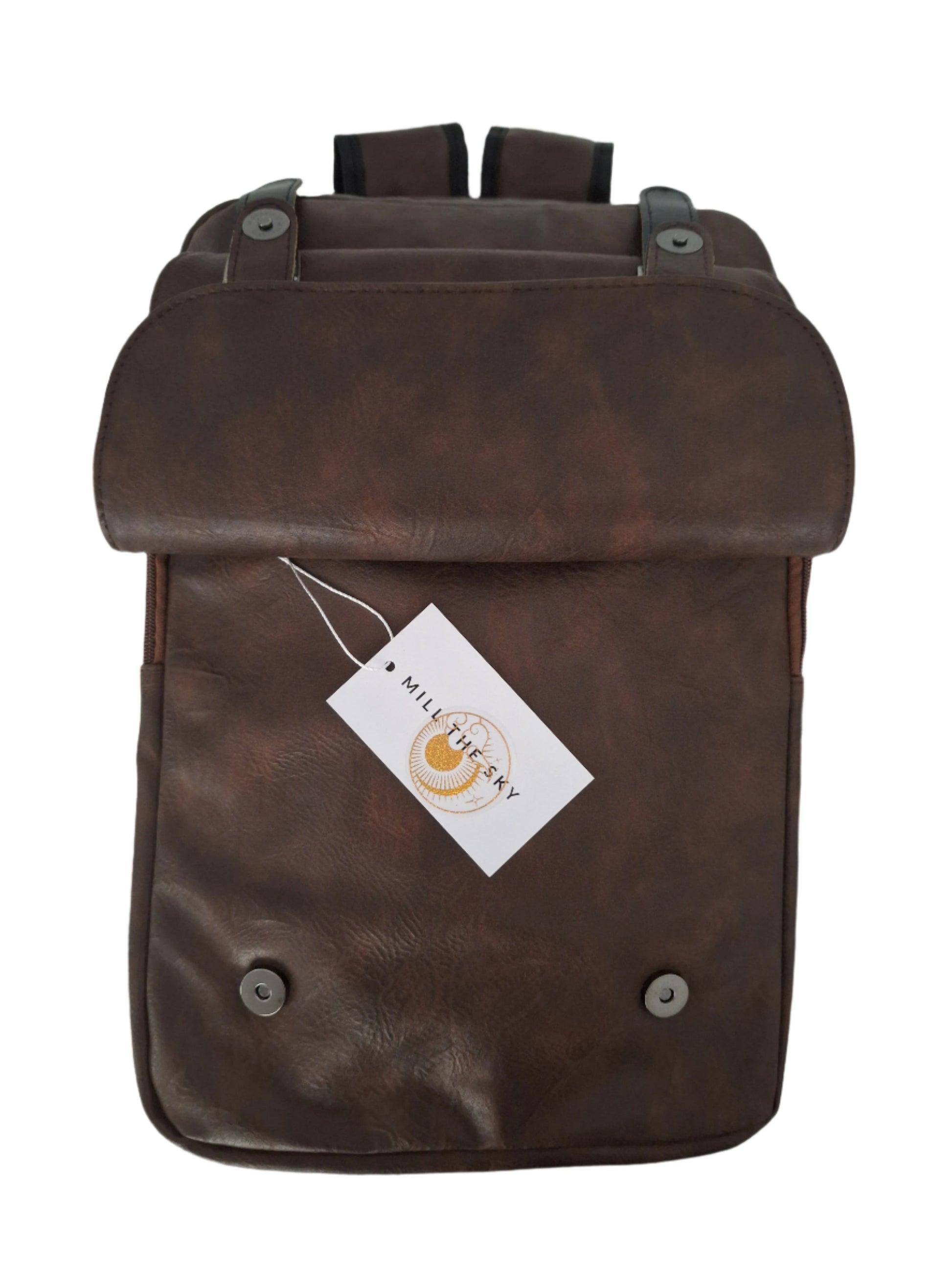 Mill The Sky: Rock-BOX Distressed Faux Leather Handcrafted Front Fold Backpack MOCCA BROWN My Store