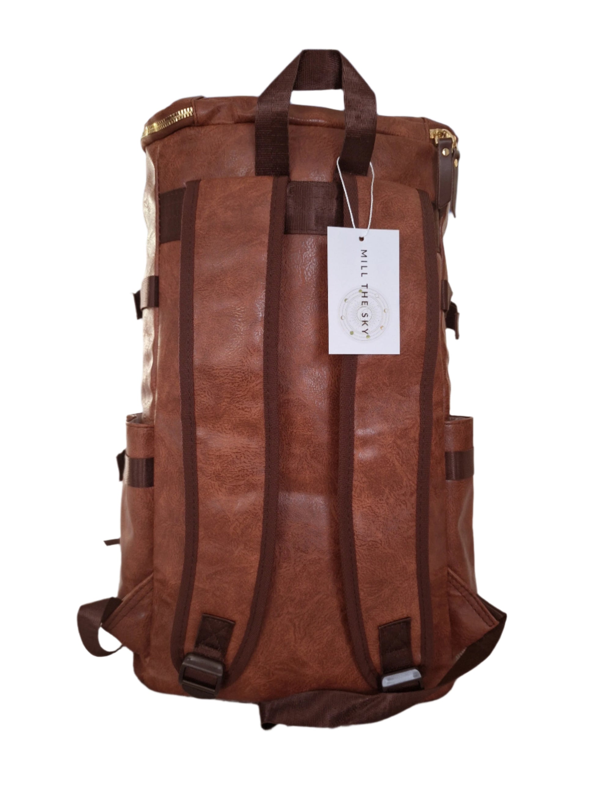 Mill The Sky: Big-TALLER Large Distressed Faux Leather Hiking & Travel Backpack. WASHED RUSTED TAN. Extra Large Tall 50cm Capacity Format Mill The Sky