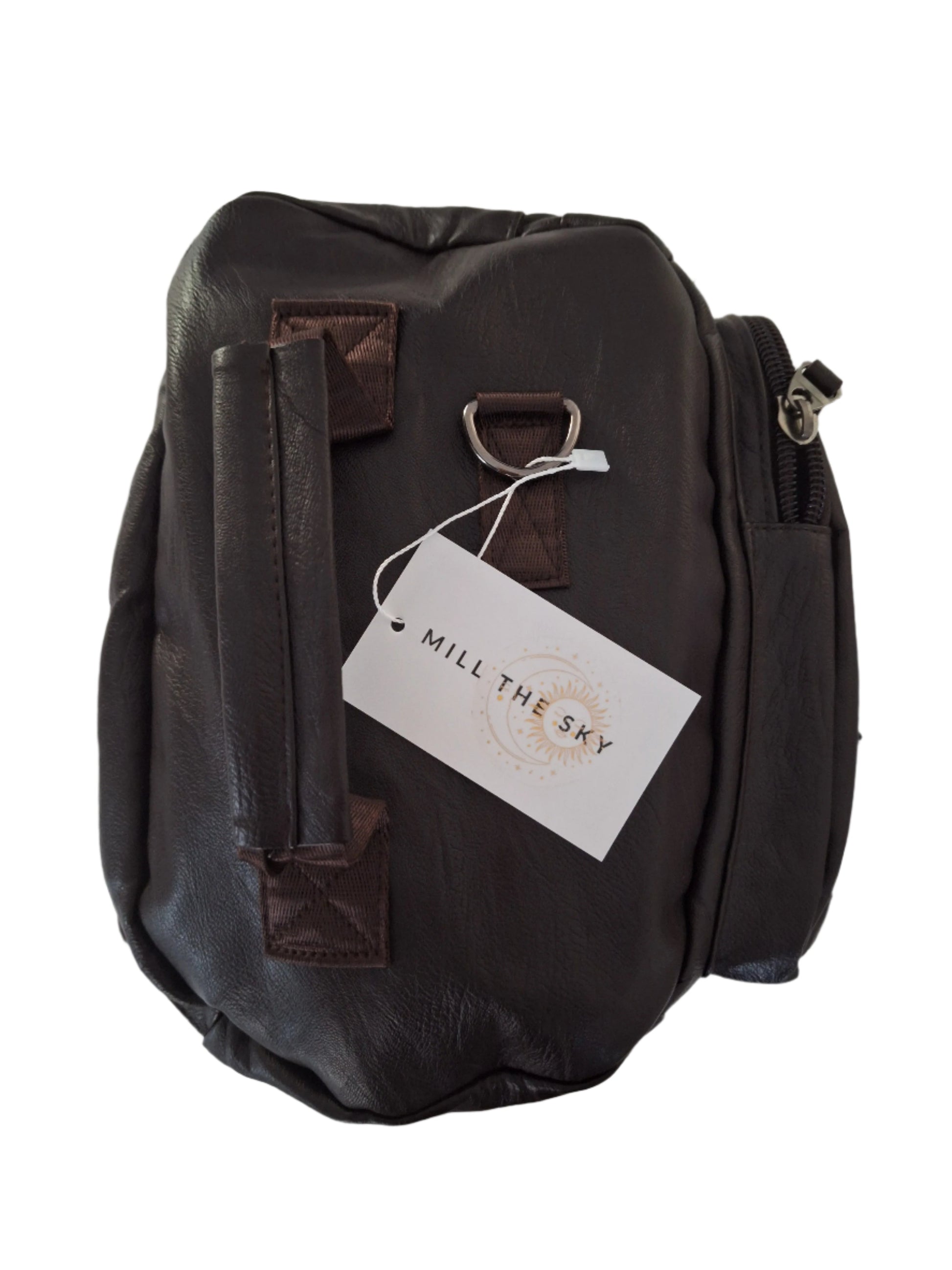 Mill The Sky: Show-SIDE Multi-Format Faux Leather Backpack & Duffel Bag. DARK BROWN. Handmade. Side Loaded. Mill The Sky