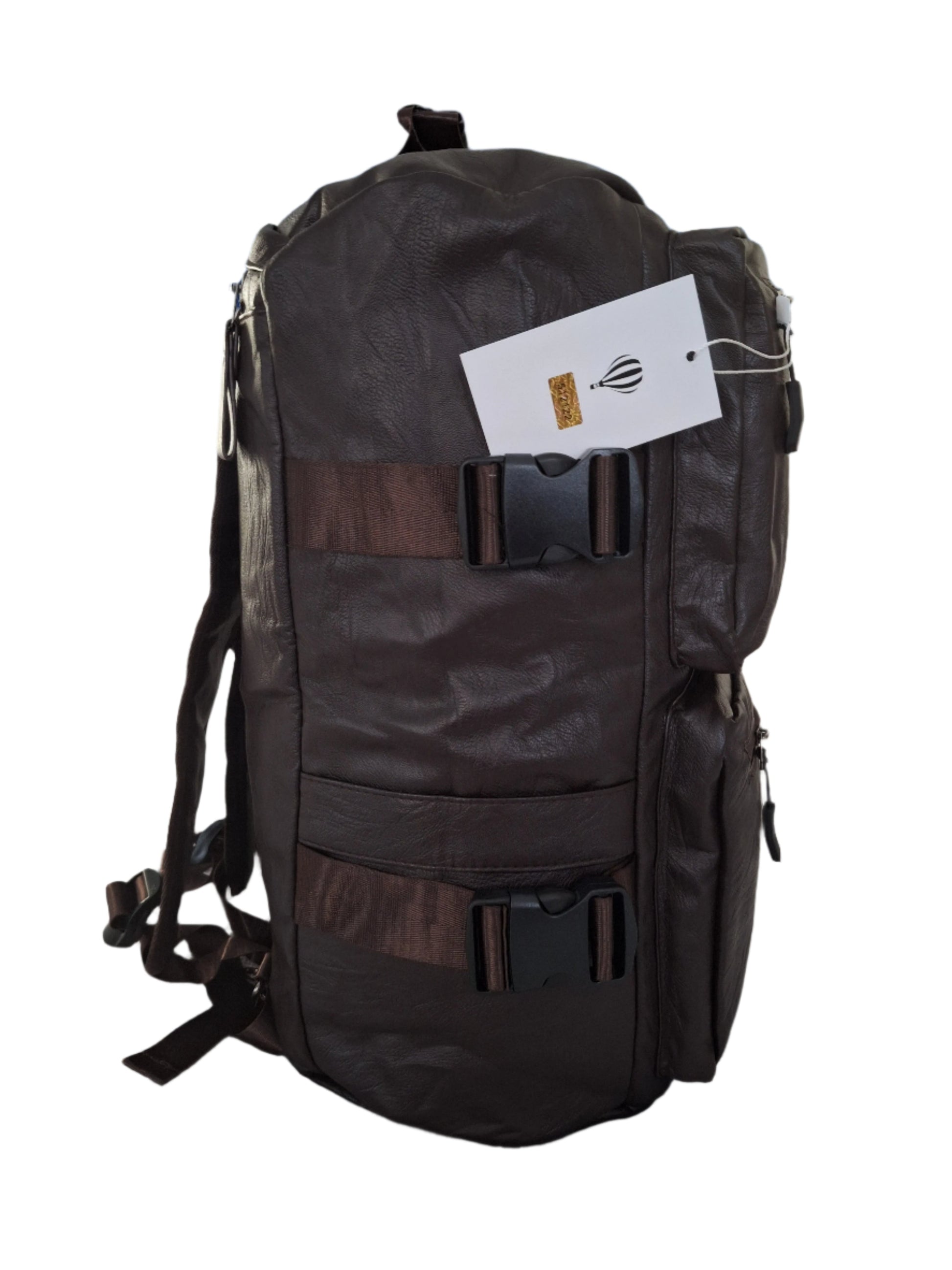 Mill The Sky: Show-SIDE Multi-Format Faux Leather Backpack & Duffel Bag. DARK BROWN. Handmade. Side Loaded. Mill The Sky