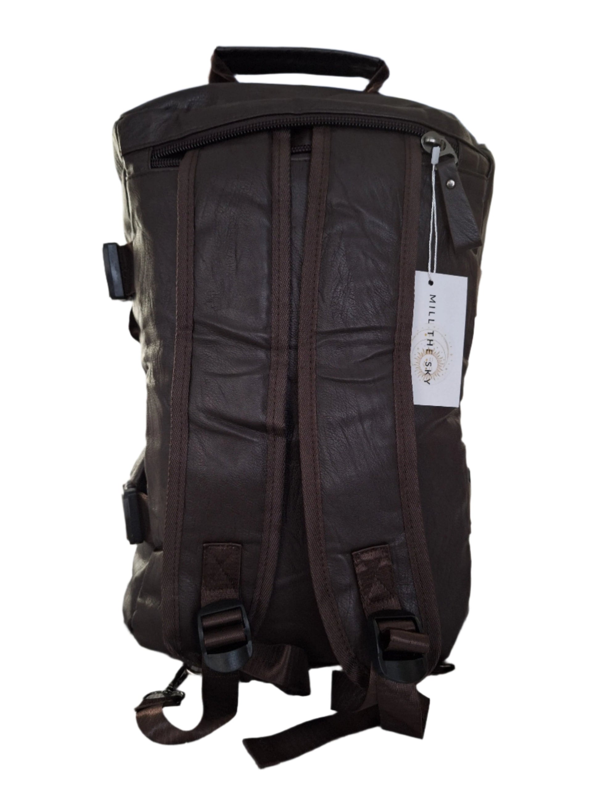 Mill The Sky: Show-SIDE Multi-Format Faux Leather Backpack & Duffel Bag. DARK BROWN. Handmade. Side Loaded. Mill The Sky