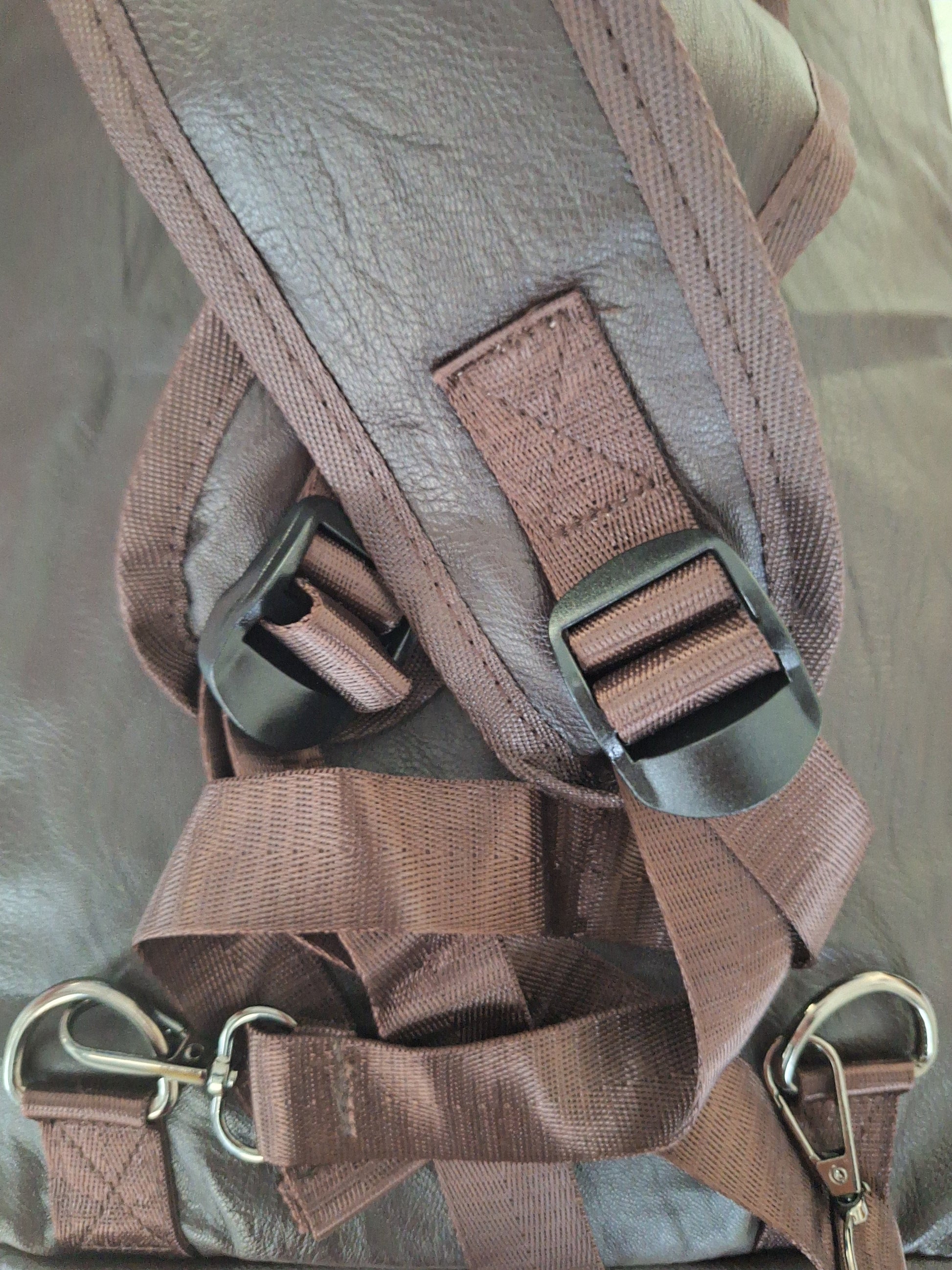 Mill The Sky: Show-SIDE Multi-Format Faux Leather Backpack & Duffel Bag. DARK BROWN. Handmade. Side Loaded. Mill The Sky