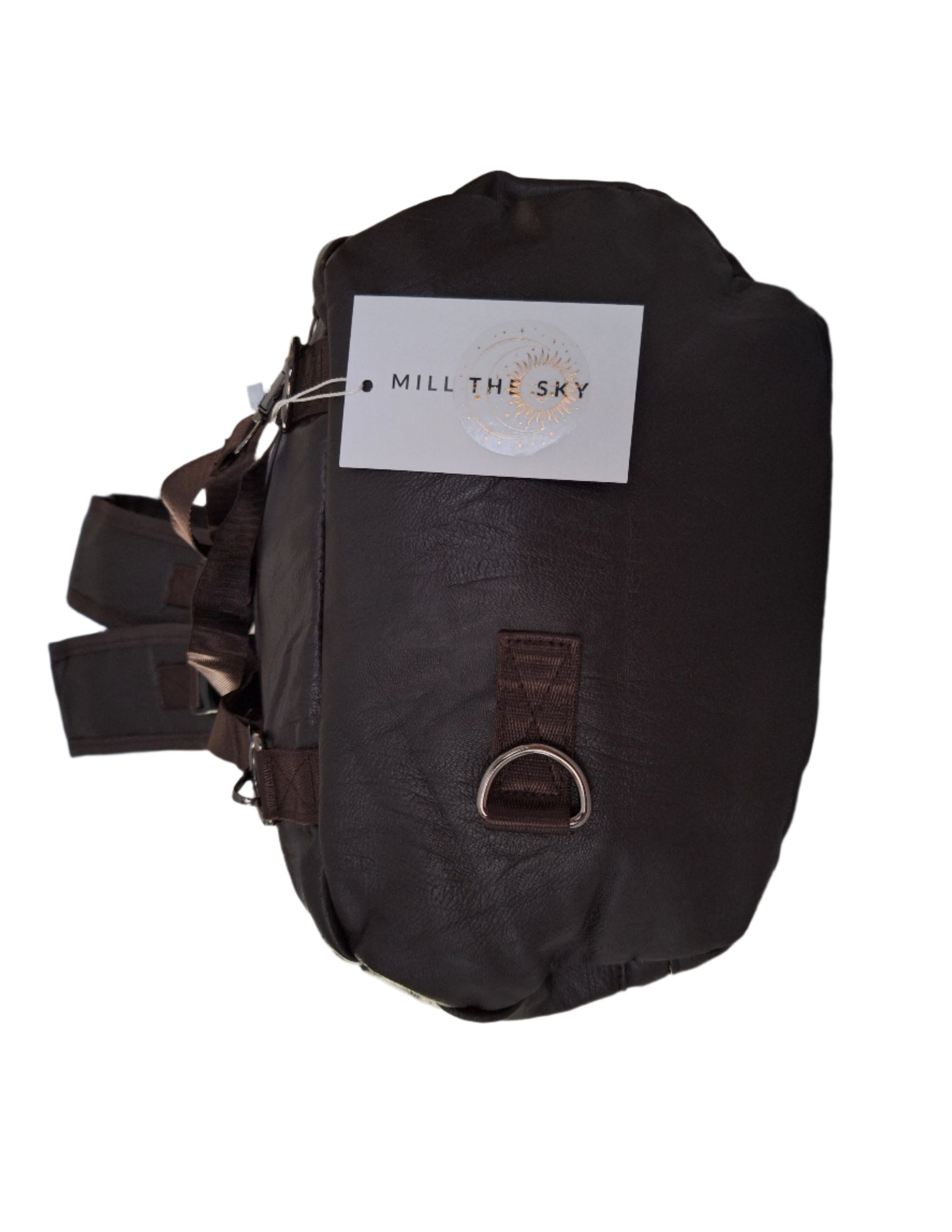 Mill The Sky: Show-SIDE Multi-Format Faux Leather Backpack & Duffel Bag. DARK BROWN. Handmade. Side Loaded. Mill The Sky