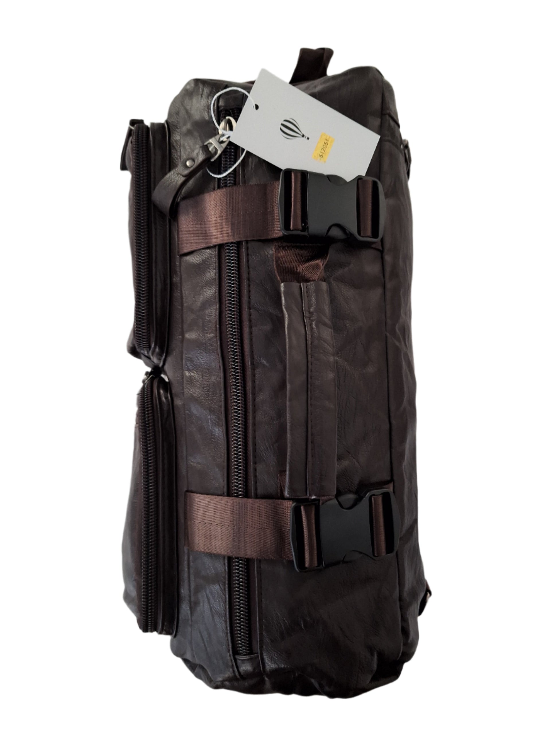 Mill The Sky: Show-SIDE Multi-Format Faux Leather Backpack & Duffel Bag. DARK BROWN. Handmade. Side Loaded. Mill The Sky