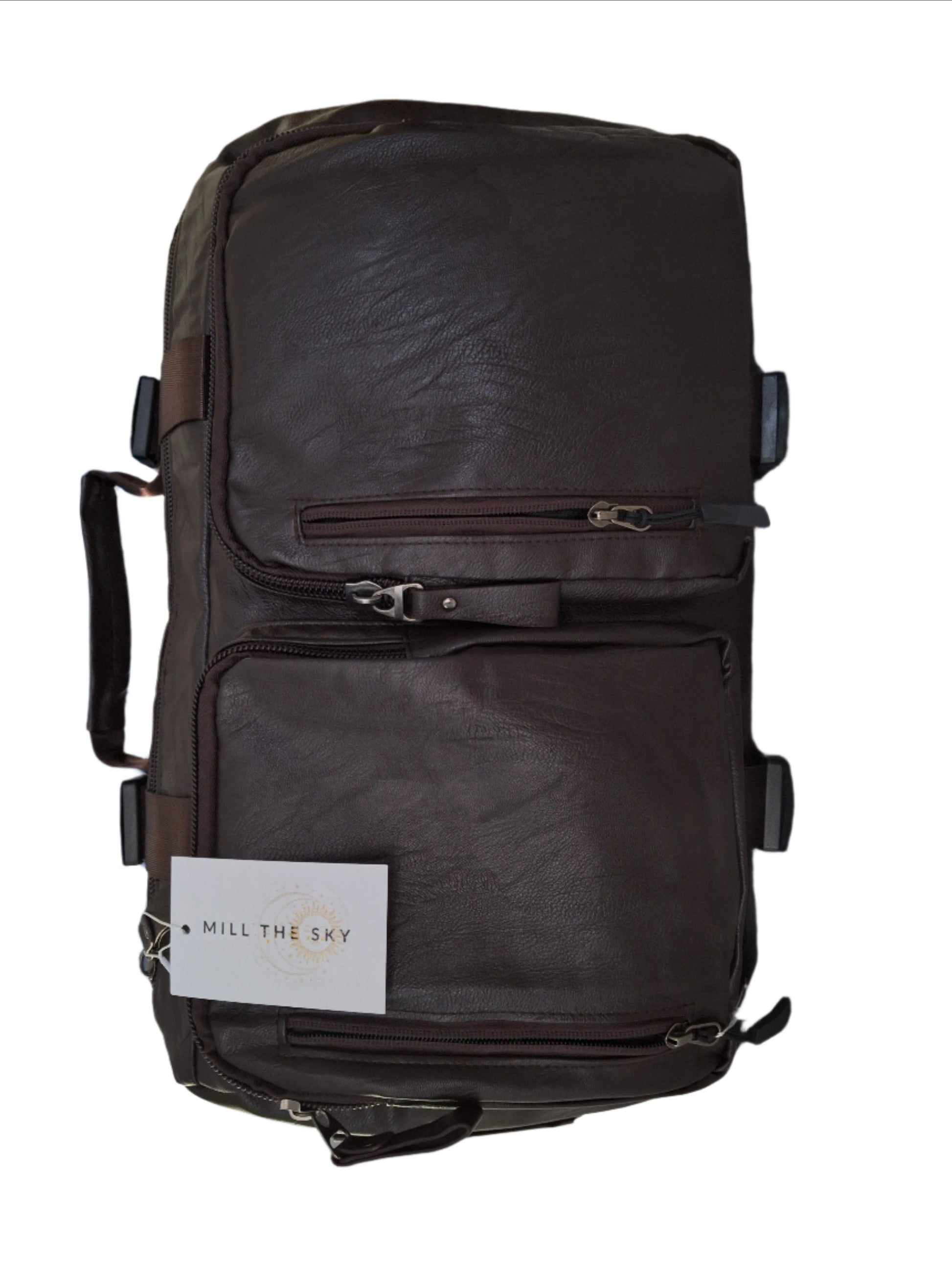 Mill The Sky: Show-SIDE Multi-Format Faux Leather Backpack & Duffel Bag. DARK BROWN. Handmade. Side Loaded. Mill The Sky