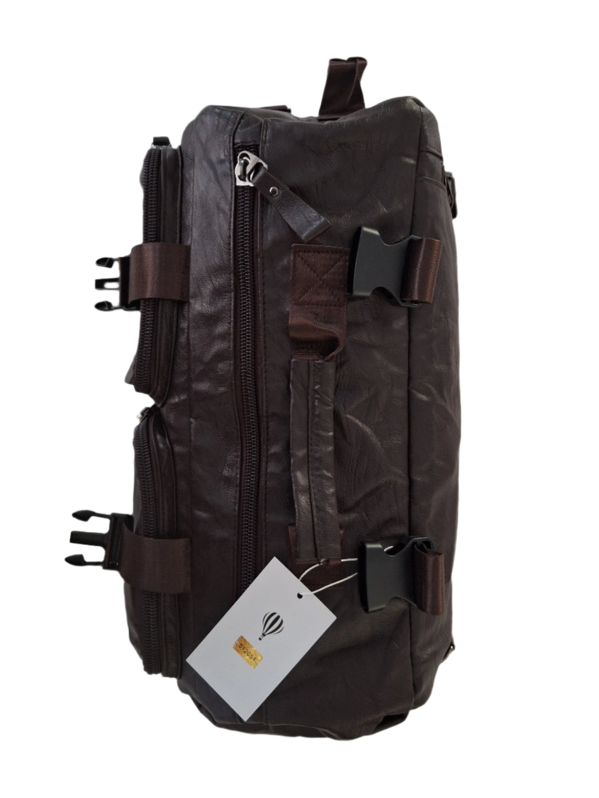 Mill The Sky: Show-SIDE Multi-Format Faux Leather Backpack & Duffel Bag. DARK BROWN. Handmade. Side Loaded. Mill The Sky