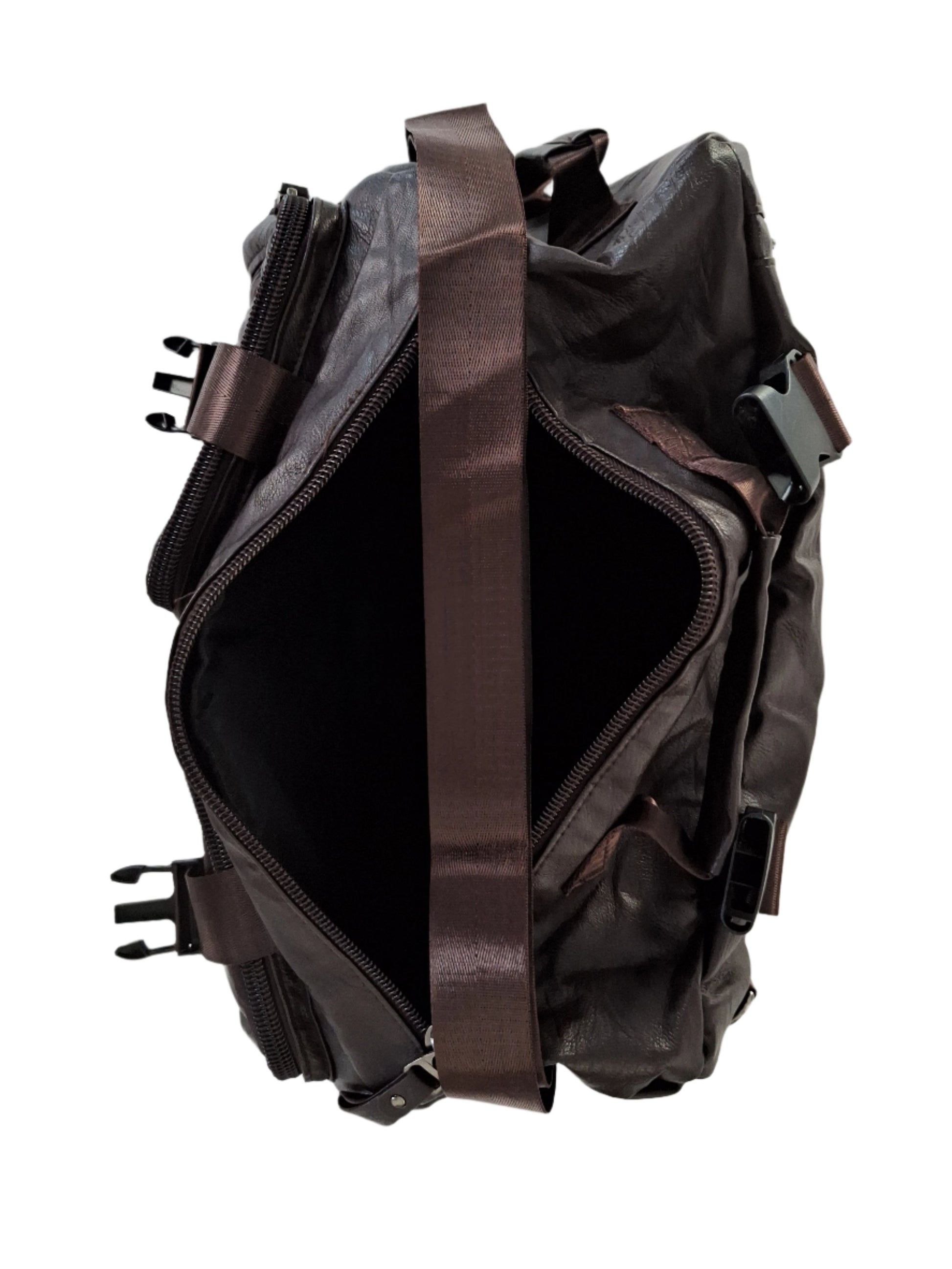 Mill The Sky: Show-SIDE Multi-Format Faux Leather Backpack & Duffel Bag. DARK BROWN. Handmade. Side Loaded. Mill The Sky