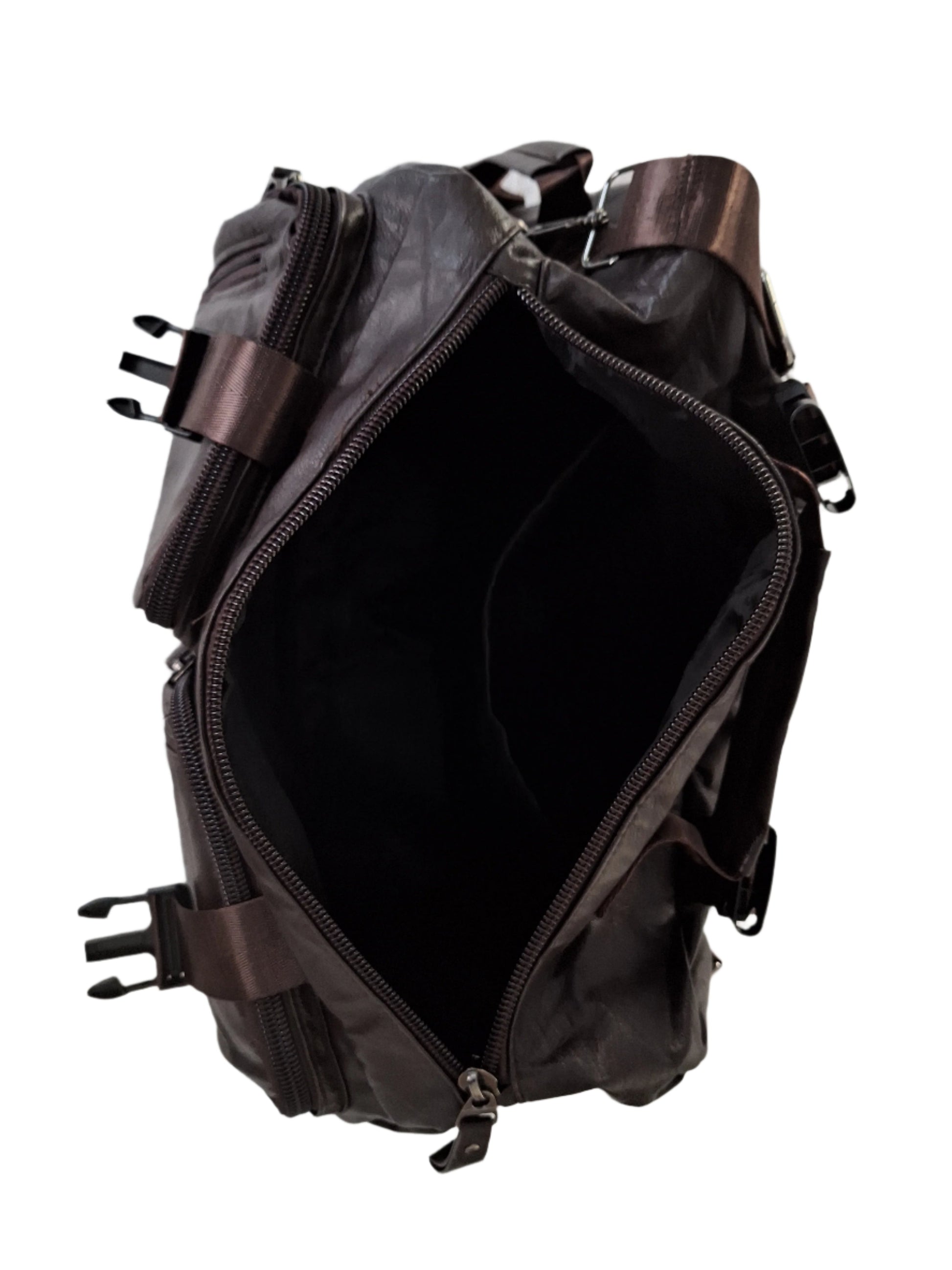 Mill The Sky: Show-SIDE Multi-Format Faux Leather Backpack & Duffel Bag. DARK BROWN. Handmade. Side Loaded. Mill The Sky