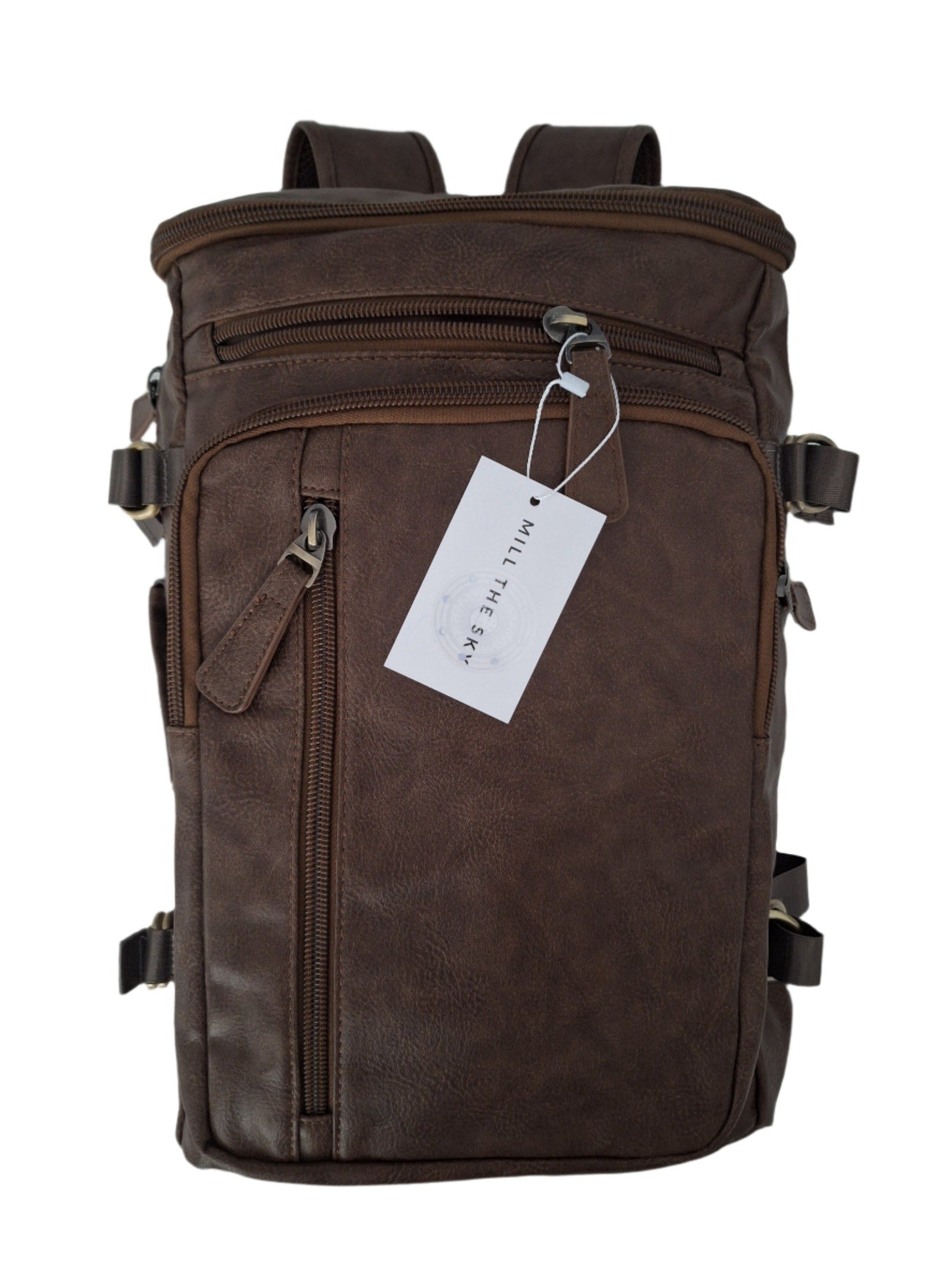 Mill The Sky: Super-MOOCH Large Rustic Tough Faux Leather World Travel Backpack. WASHED MOCCA BROWN. Distressed. Handmade.