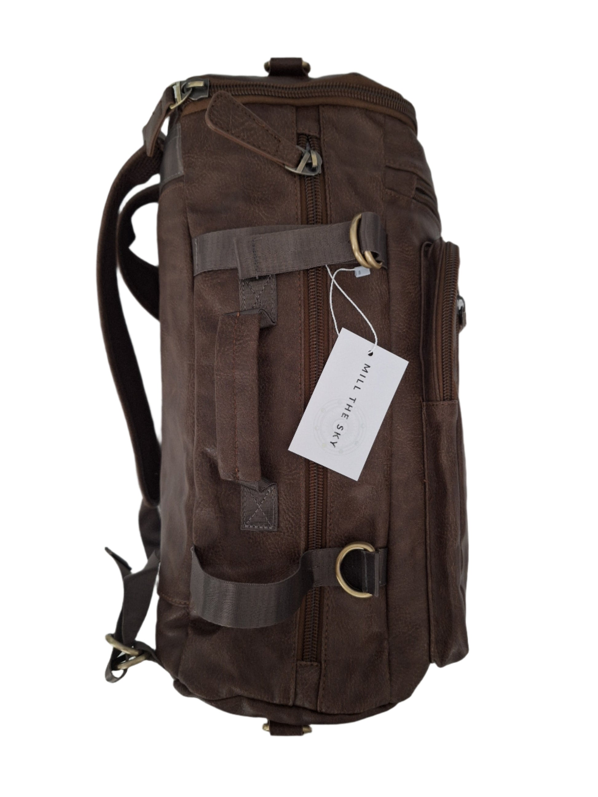 Mill The Sky: Super-MOOCH Large Rustic Tough Faux Leather World Travel Backpack. WASHED MOCCA BROWN. Distressed. Handmade. Mill The Sky