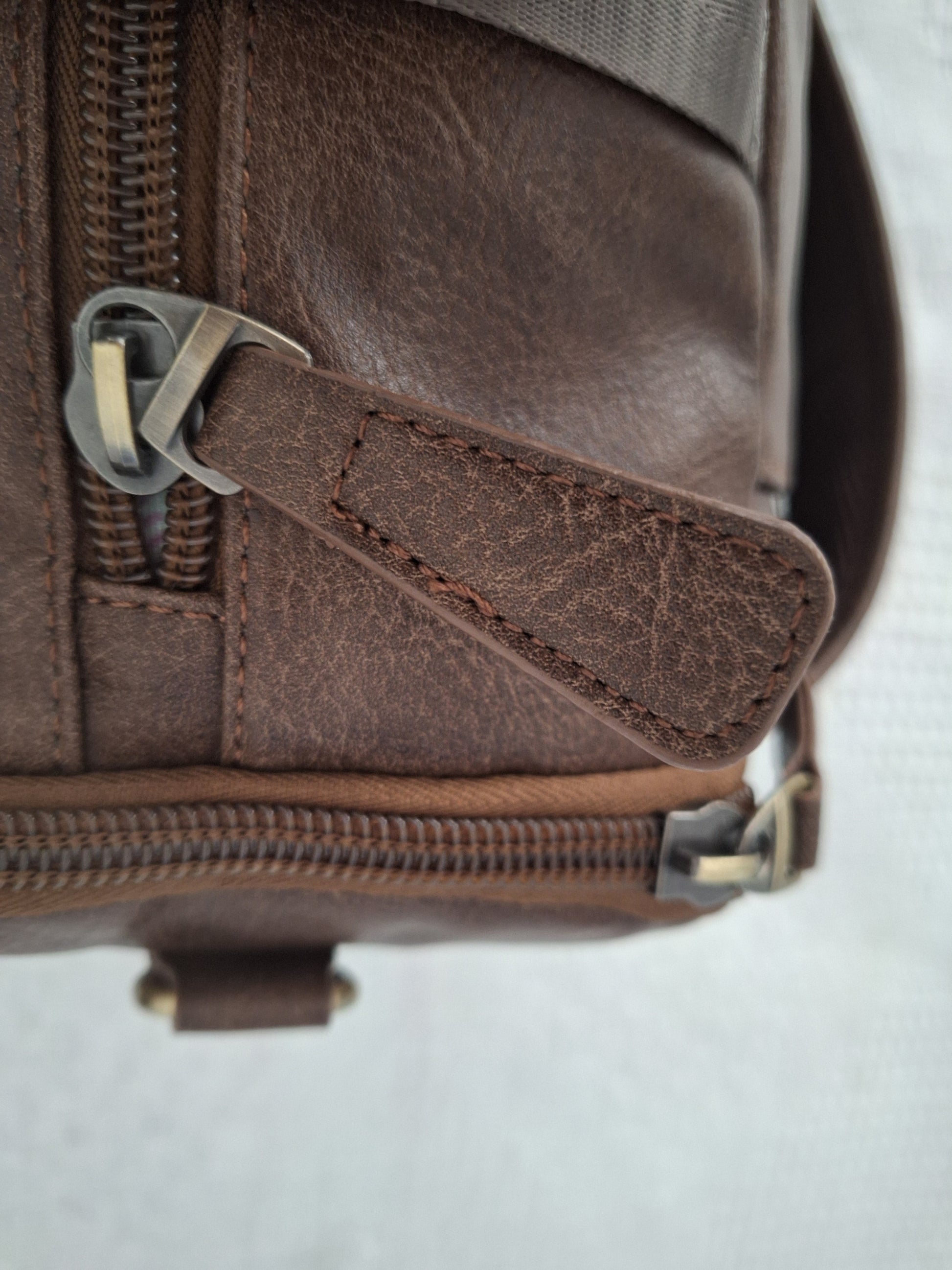 Mill The Sky: Super-MOOCH Large Rustic Tough Faux Leather World Travel Backpack. WASHED MOCCA BROWN. Distressed. Handmade. Mill The Sky