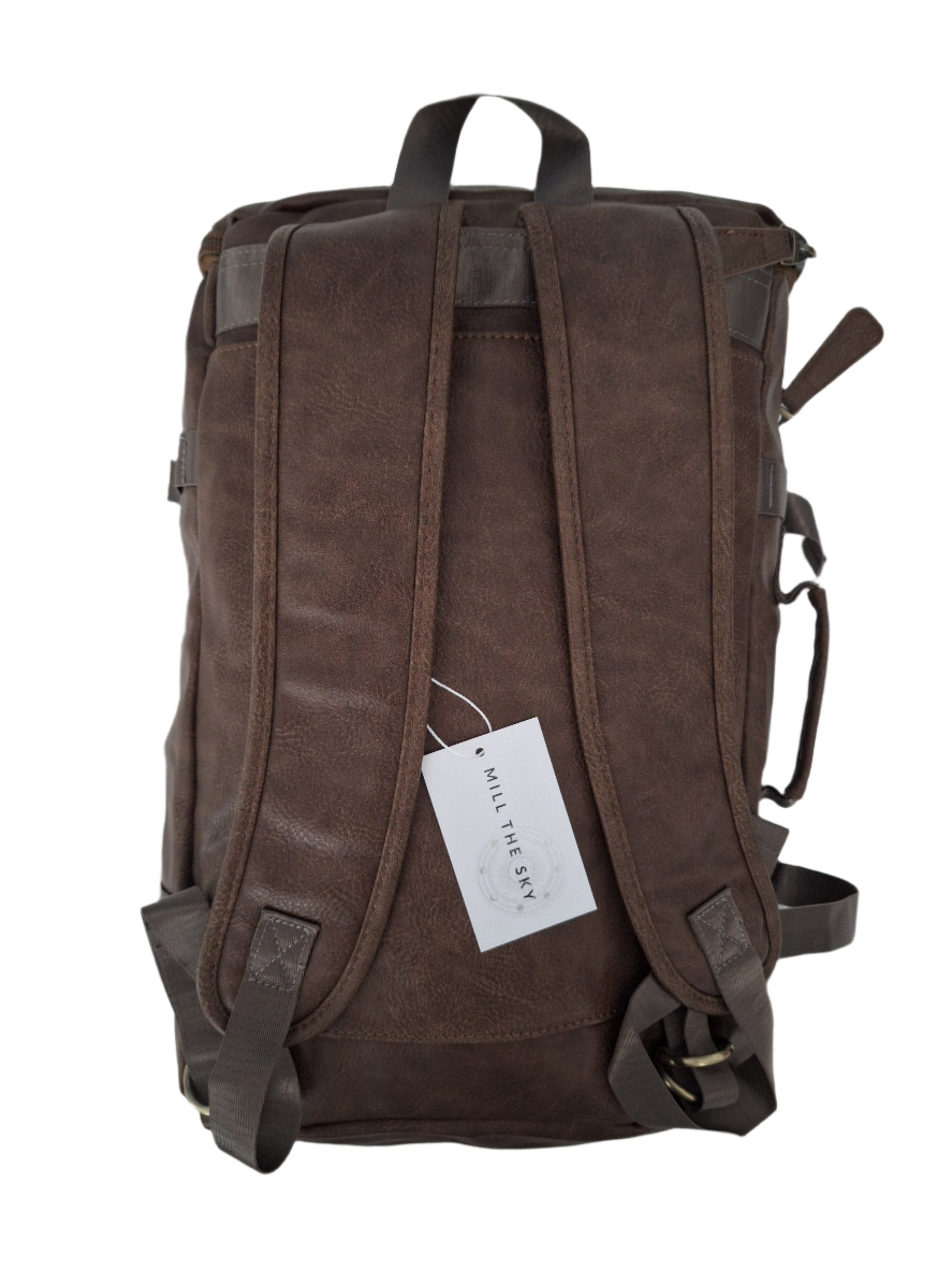 Mill The Sky: Super-MOOCH Large Rustic Tough Faux Leather World Travel Backpack. WASHED MOCCA BROWN. Distressed. Handmade. Mill The Sky