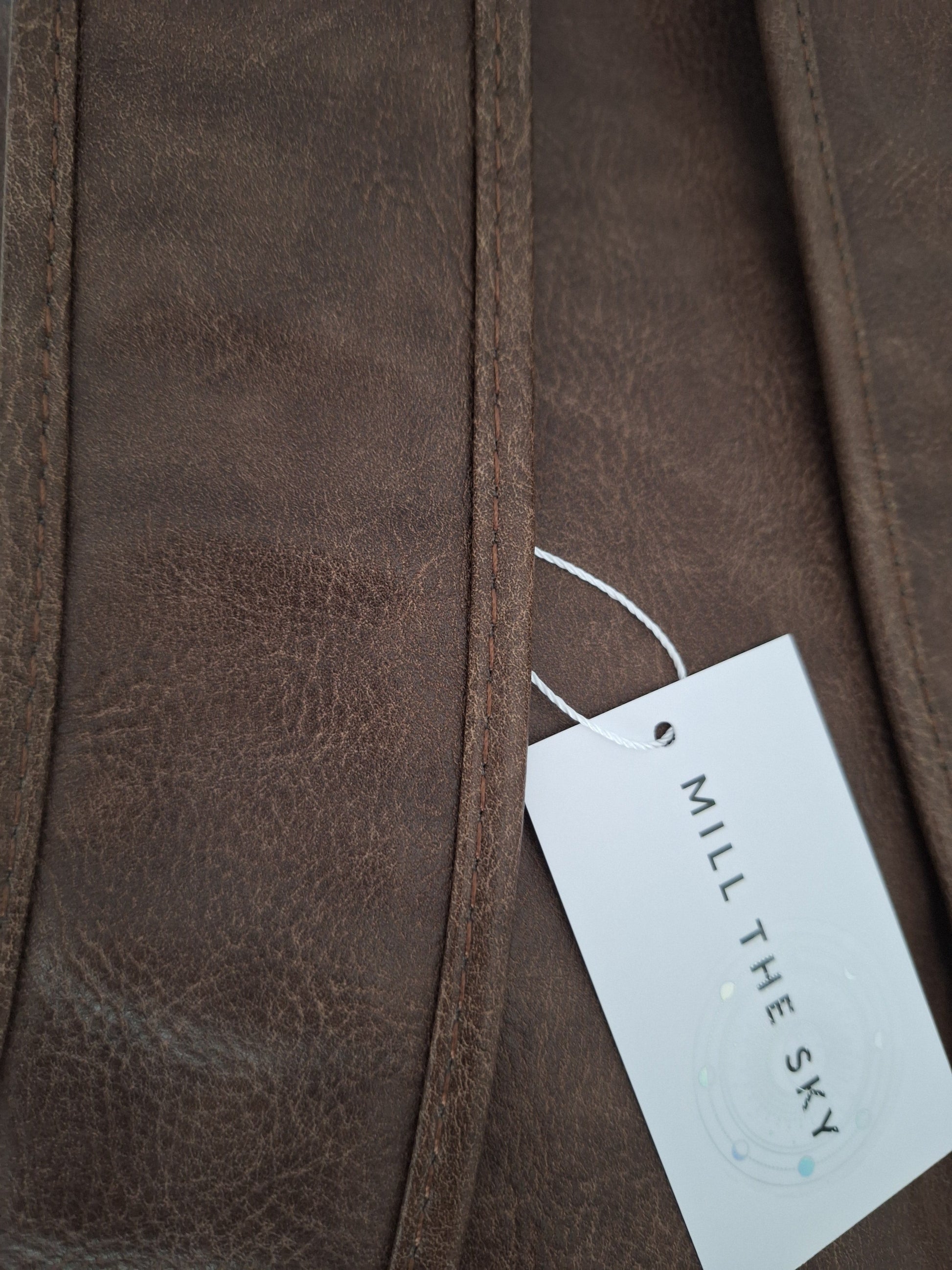 Mill The Sky: Super-MOOCH Large Rustic Tough Faux Leather World Travel Backpack. WASHED MOCCA BROWN. Distressed. Handmade. Mill The Sky