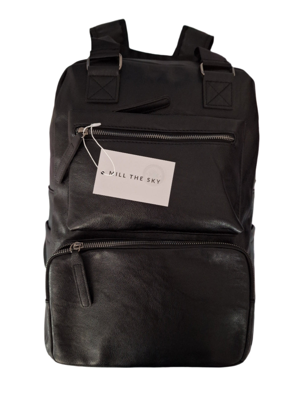 Mill The Sky: Tour-CUBE Top Holder Handcrafted Distressed Faux Leather Backpack. JET BLACK. Rectangular Fill. Mill The Sky