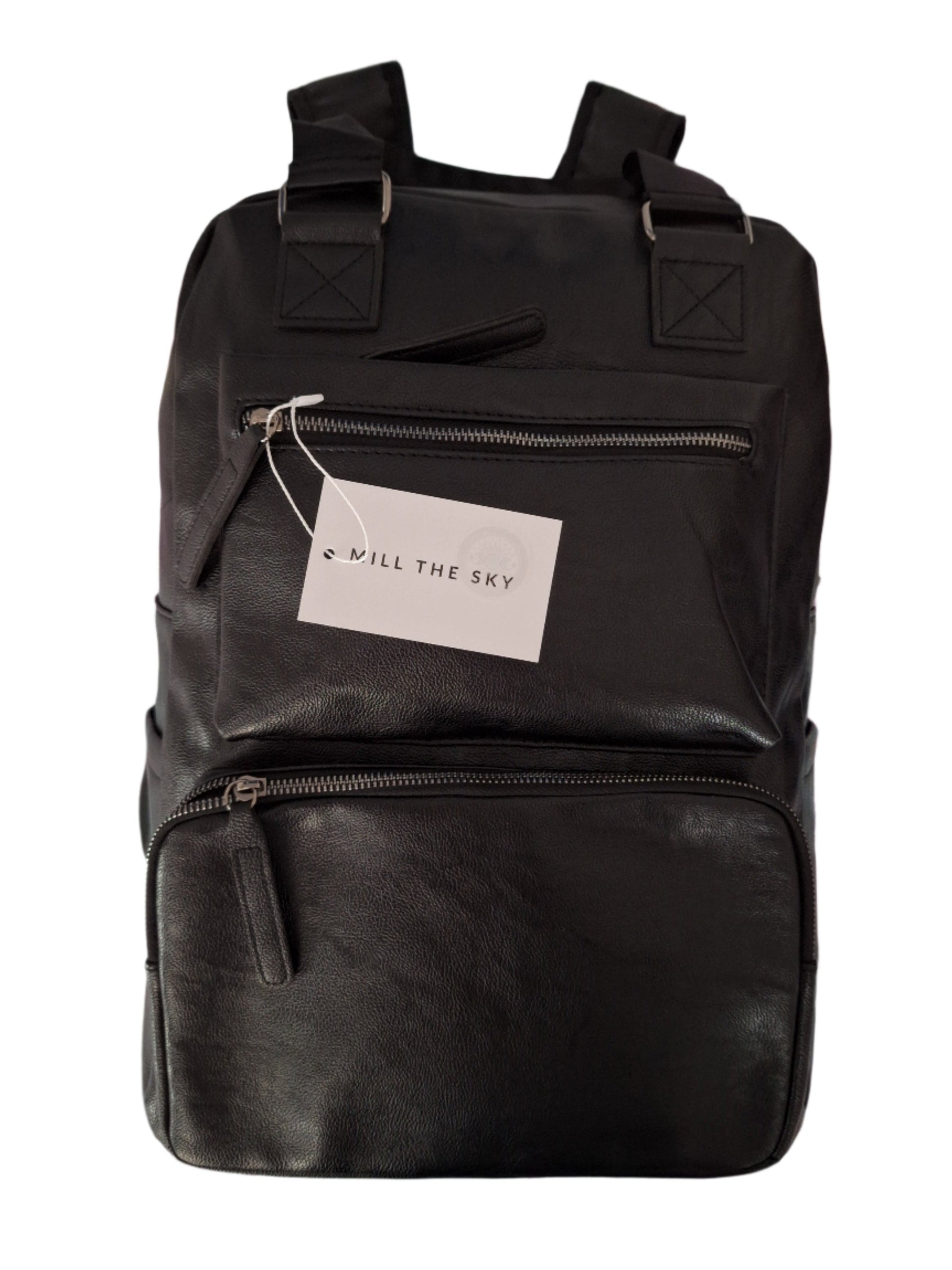 Mill The Sky: Tour-CUBE Top Holder Handcrafted Distressed Faux Leather Backpack. JET BLACK. Rectangular Fill. Mill The Sky