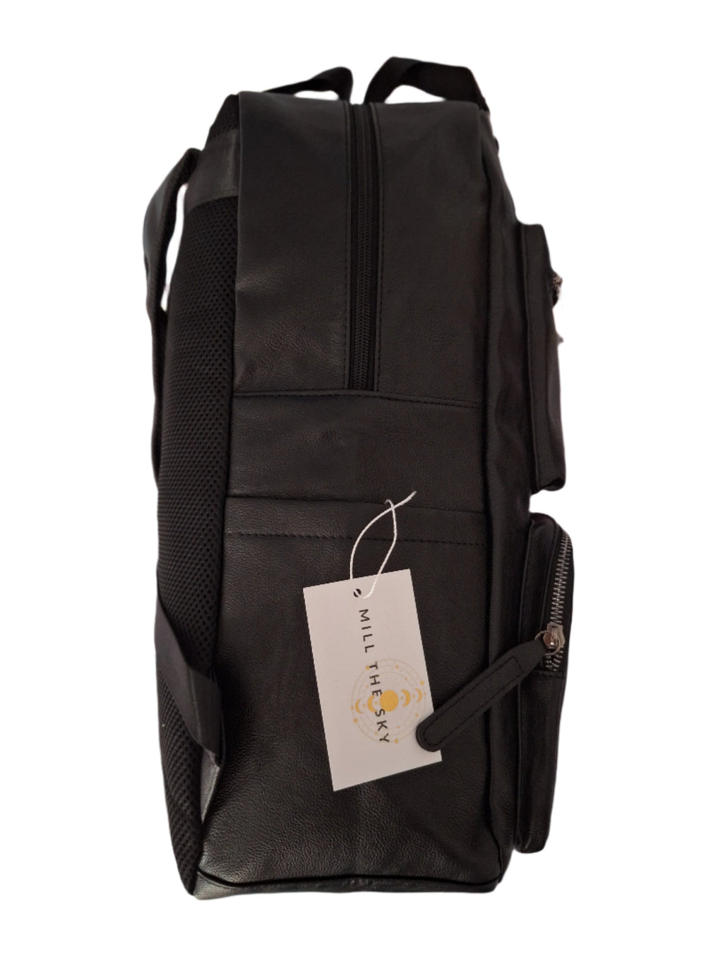 Mill The Sky: Tour-CUBE Top Holder Handcrafted Distressed Faux Leather Backpack. JET BLACK. Rectangular Fill. Mill The Sky