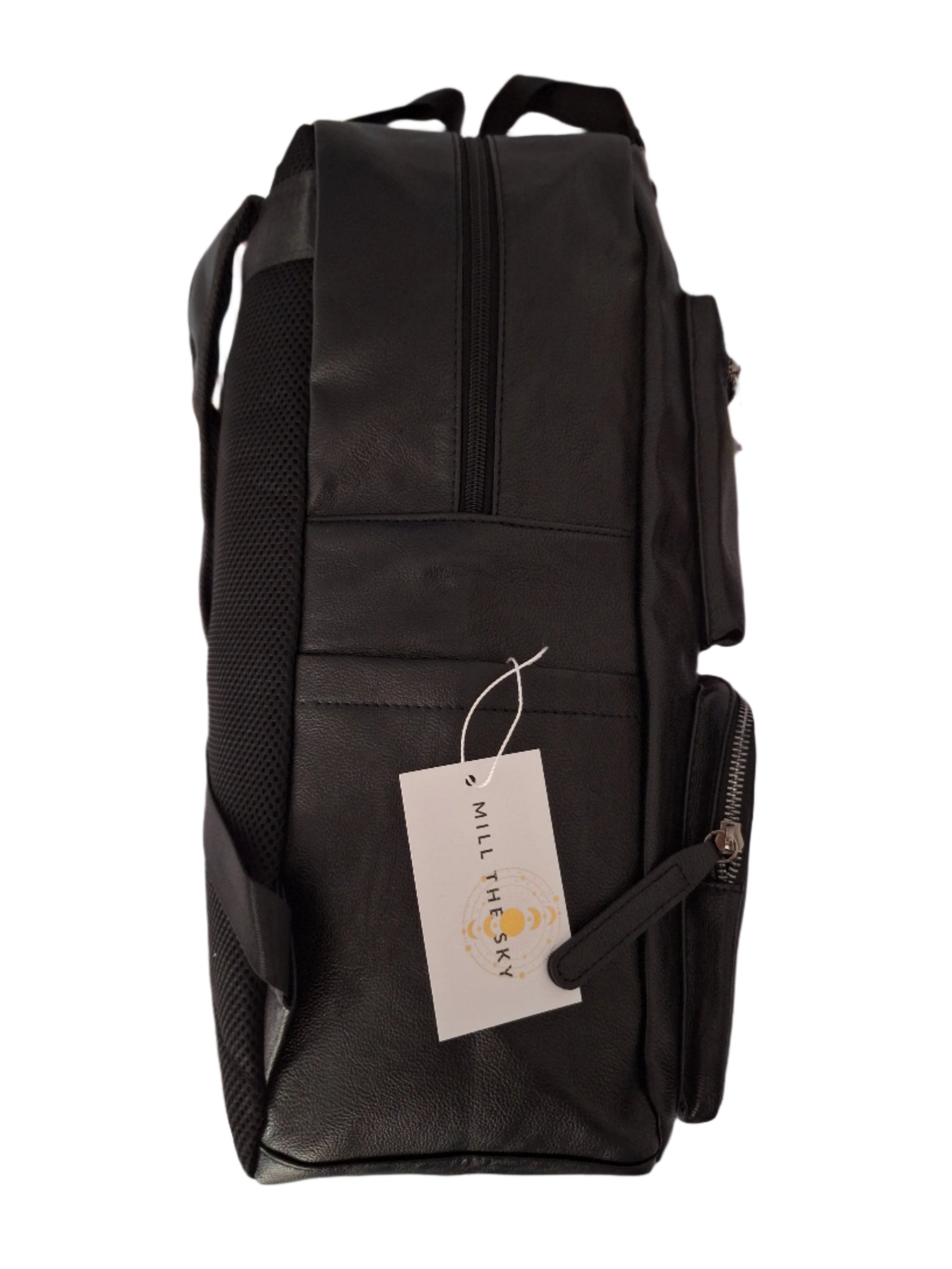 Mill The Sky: Tour-CUBE Top Holder Handcrafted Distressed Faux Leather Backpack. JET BLACK. Rectangular Fill. Mill The Sky