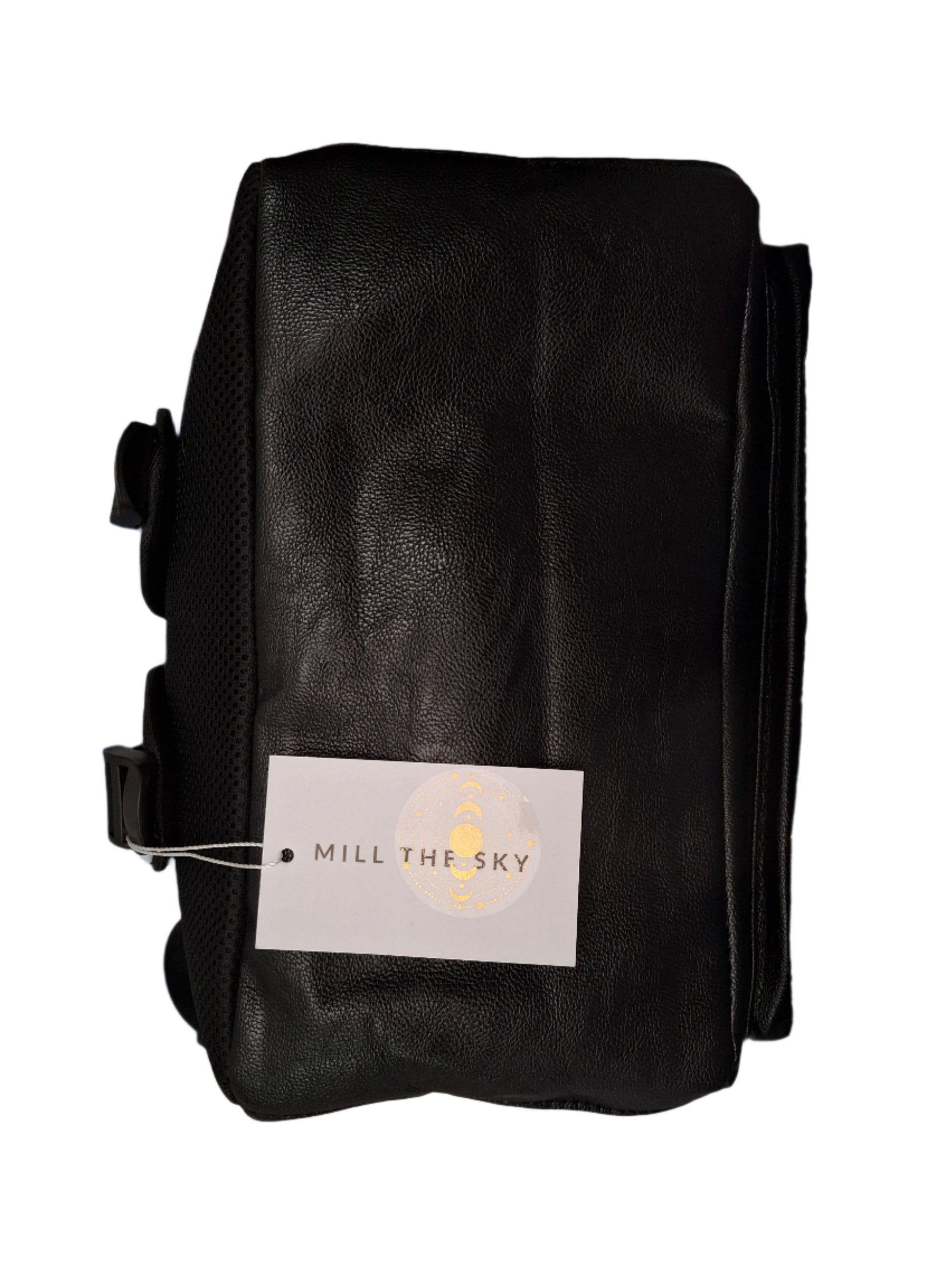 Mill The Sky: Tour-CUBE Top Holder Handcrafted Distressed Faux Leather Backpack. JET BLACK. Rectangular Fill. Mill The Sky