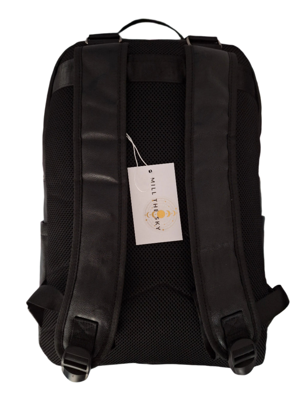 Mill The Sky: Tour-CUBE Top Holder Handcrafted Distressed Faux Leather Backpack. JET BLACK. Rectangular Fill. Mill The Sky