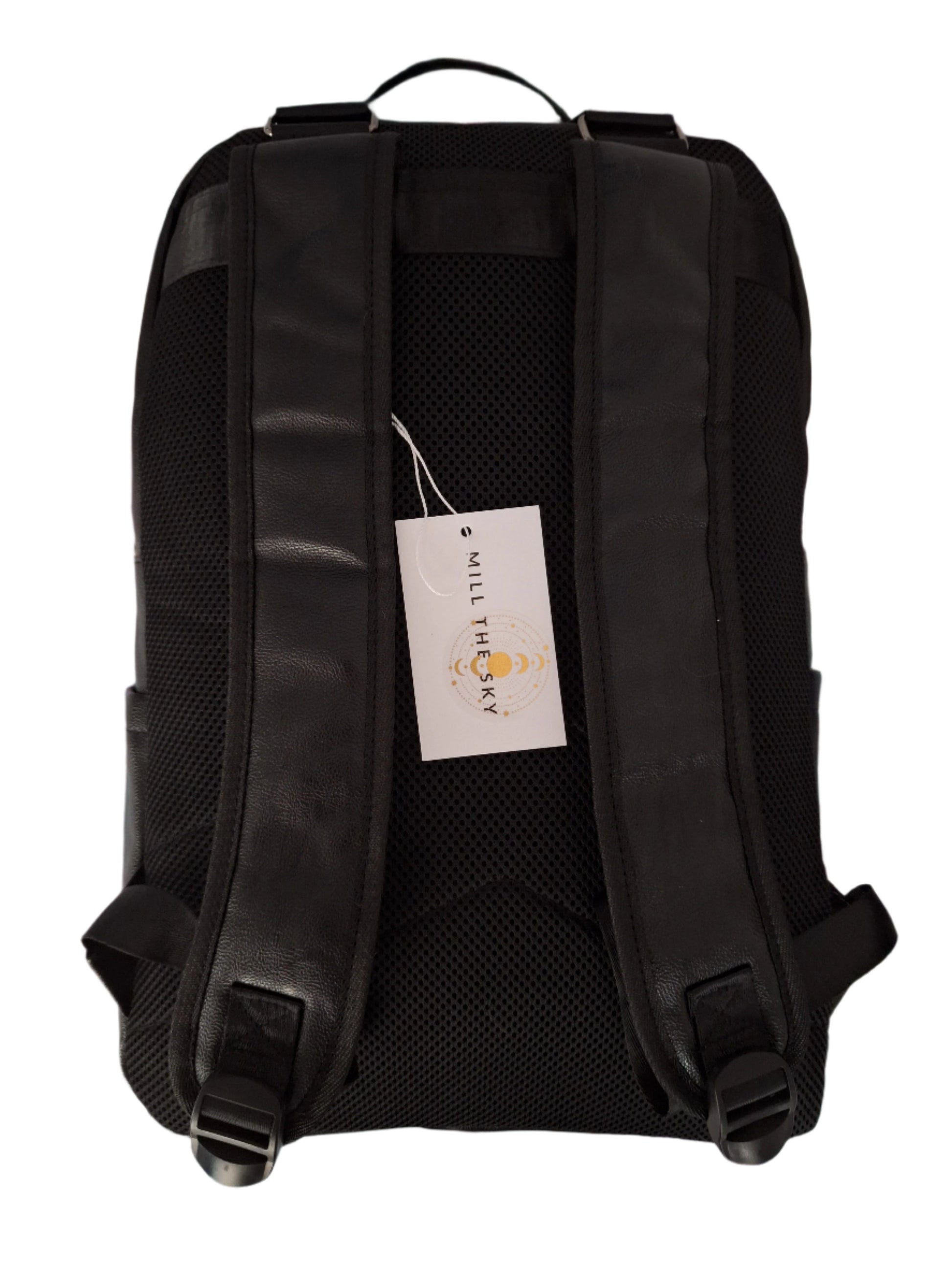 Mill The Sky: Tour-CUBE Top Holder Handcrafted Distressed Faux Leather Backpack. JET BLACK. Rectangular Fill. Mill The Sky