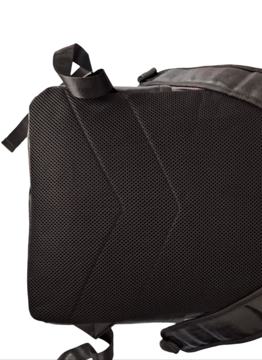 Mill The Sky: Tour-CUBE Top Holder Handcrafted Distressed Faux Leather Backpack. JET BLACK. Rectangular Fill. Mill The Sky