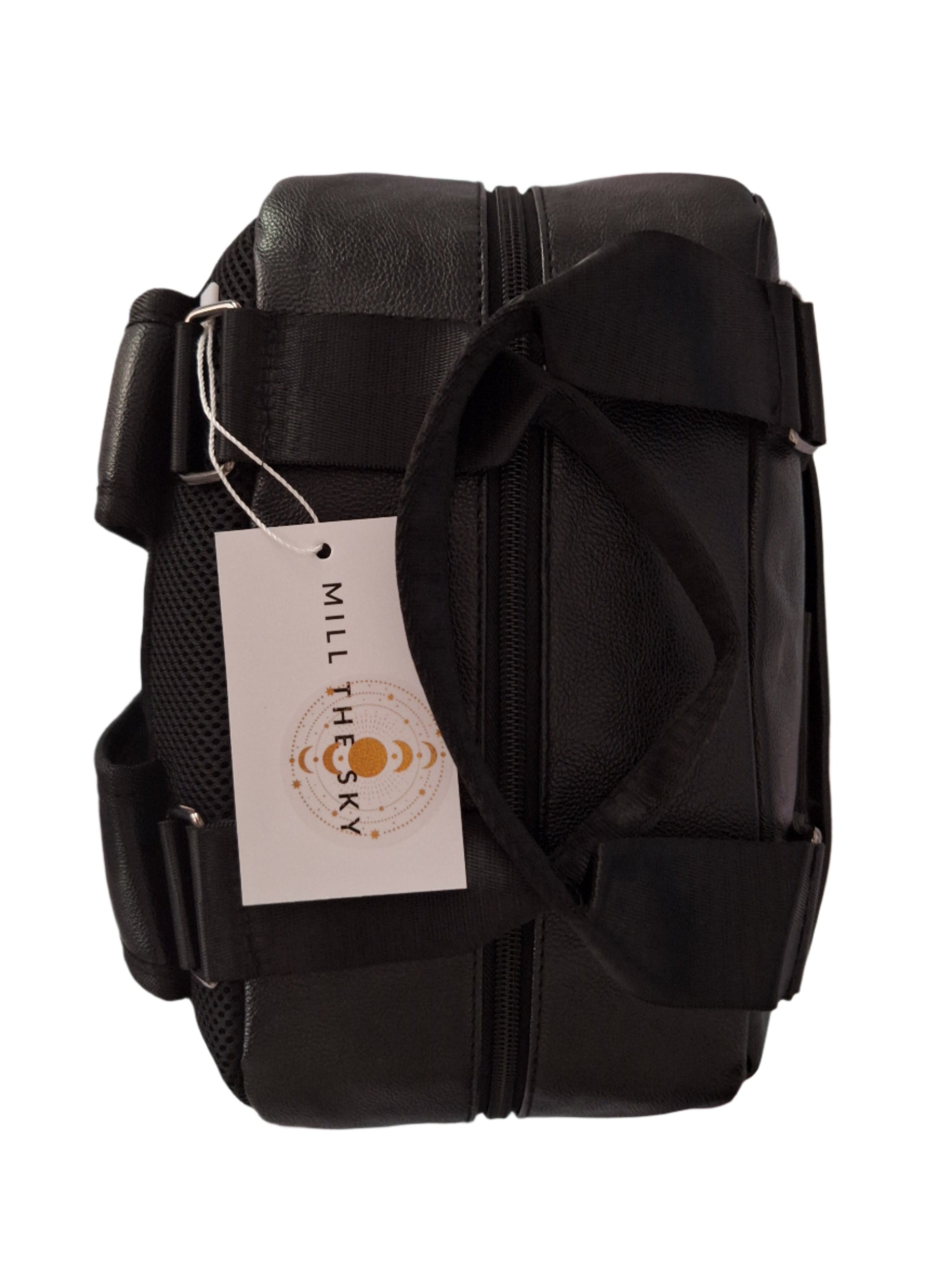 Mill The Sky: Tour-CUBE Top Holder Handcrafted Distressed Faux Leather Backpack. JET BLACK. Rectangular Fill. Mill The Sky