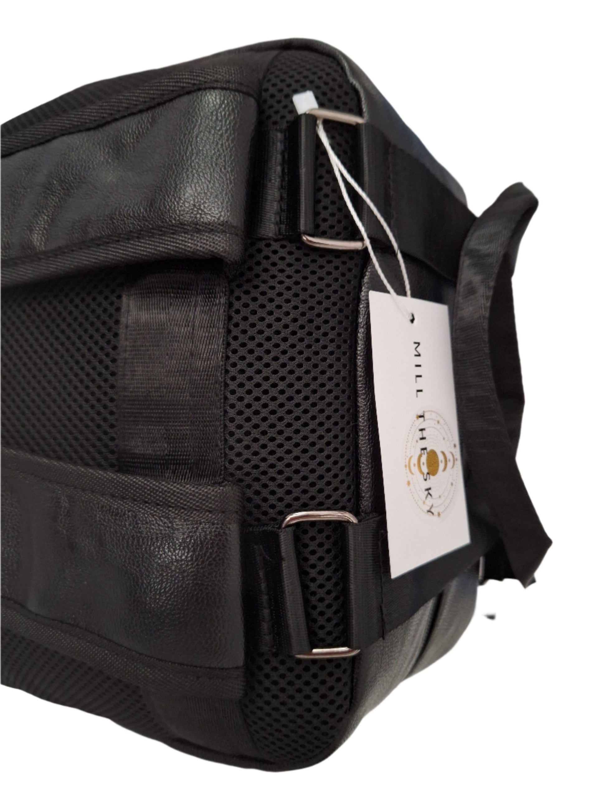 Mill The Sky: Tour-CUBE Top Holder Handcrafted Distressed Faux Leather Backpack. JET BLACK. Rectangular Fill. Mill The Sky