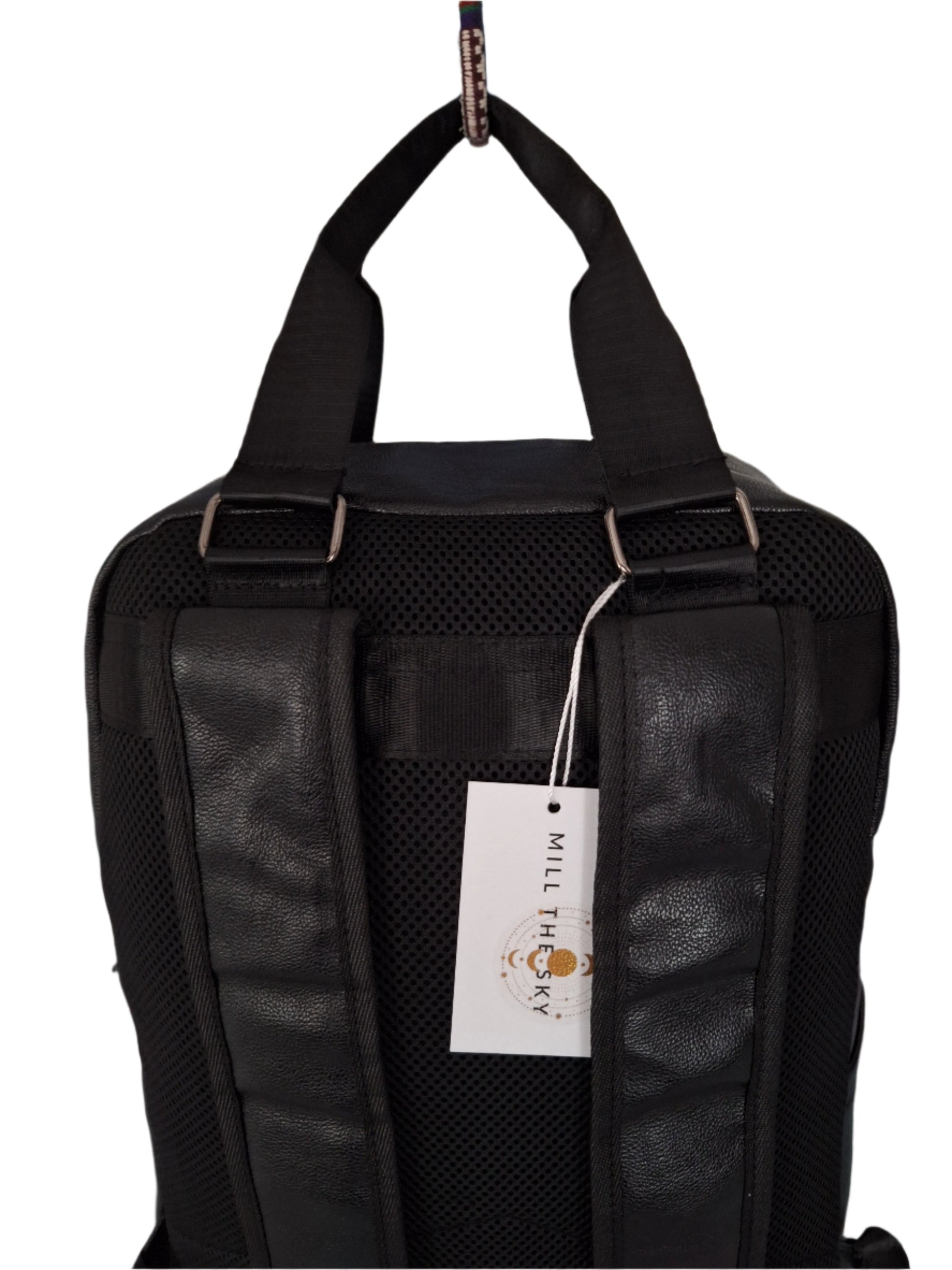 Mill The Sky: Tour-CUBE Top Holder Handcrafted Distressed Faux Leather Backpack. JET BLACK. Rectangular Fill. Mill The Sky