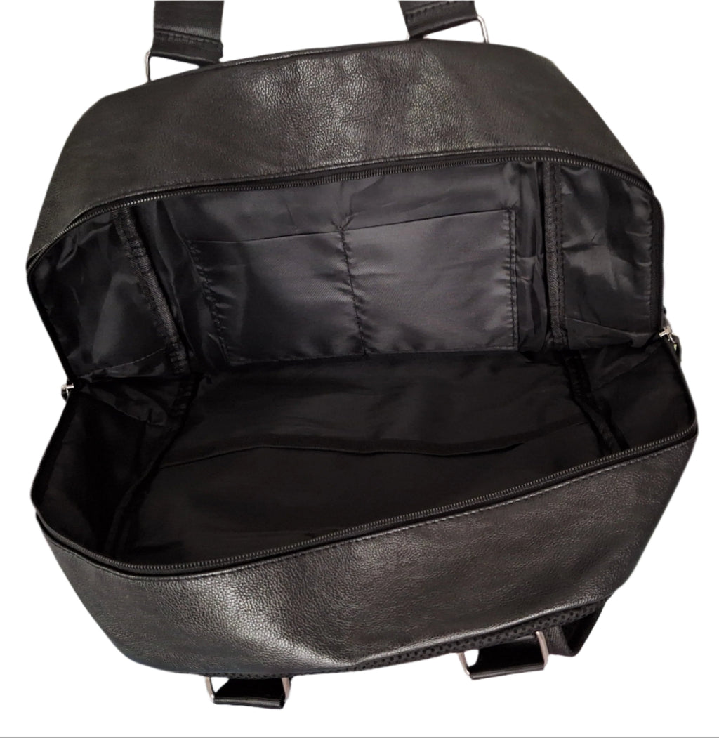Mill The Sky: Tour-CUBE Top Holder Handcrafted Distressed Faux Leather Backpack. JET BLACK. Rectangular Fill. Mill The Sky