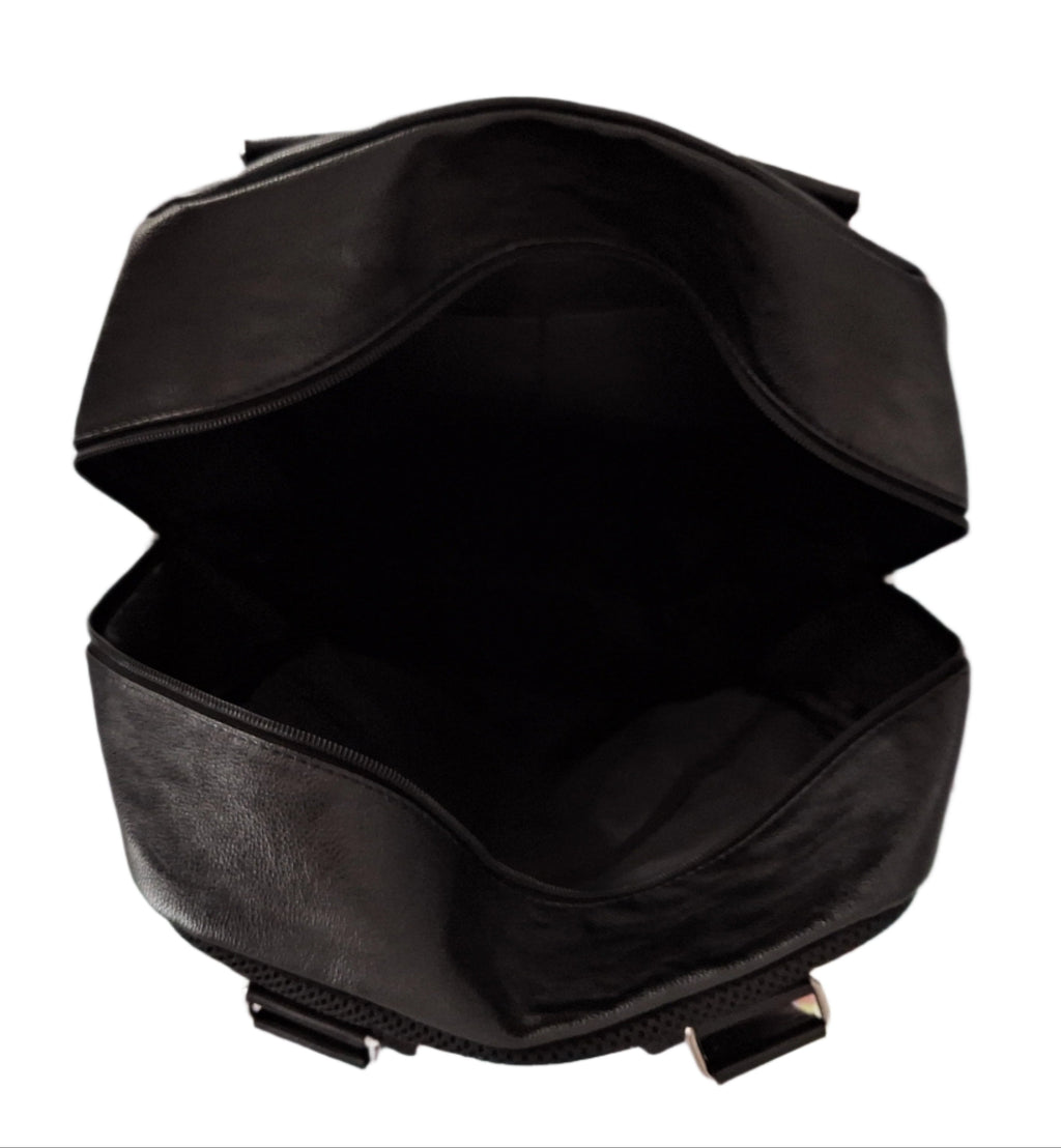 Mill The Sky: Tour-CUBE Top Holder Handcrafted Distressed Faux Leather Backpack. JET BLACK. Rectangular Fill. Mill The Sky