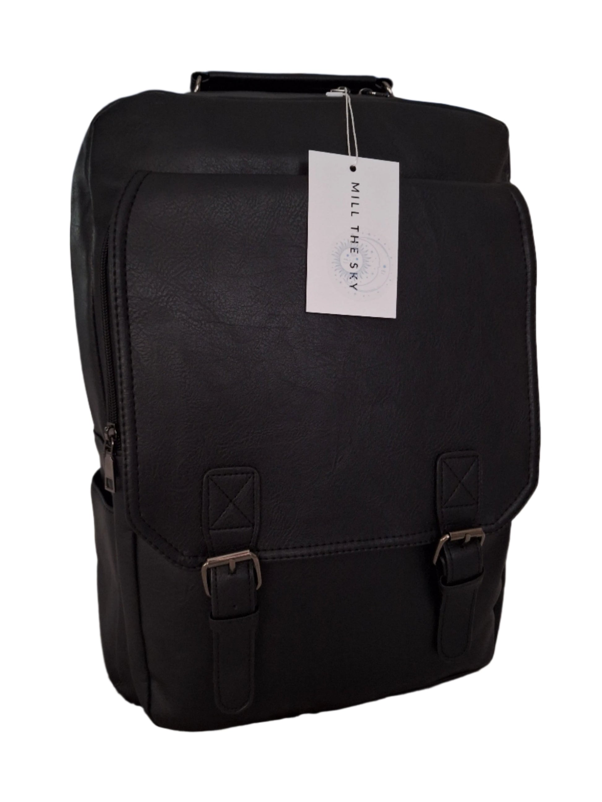 Mill The Sky: Ash-BLOC Square Distressed Faux Leather Fold & Top Hold Backpack. JET BLACK. Heavy Duty Mesh Straps Mill The Sky