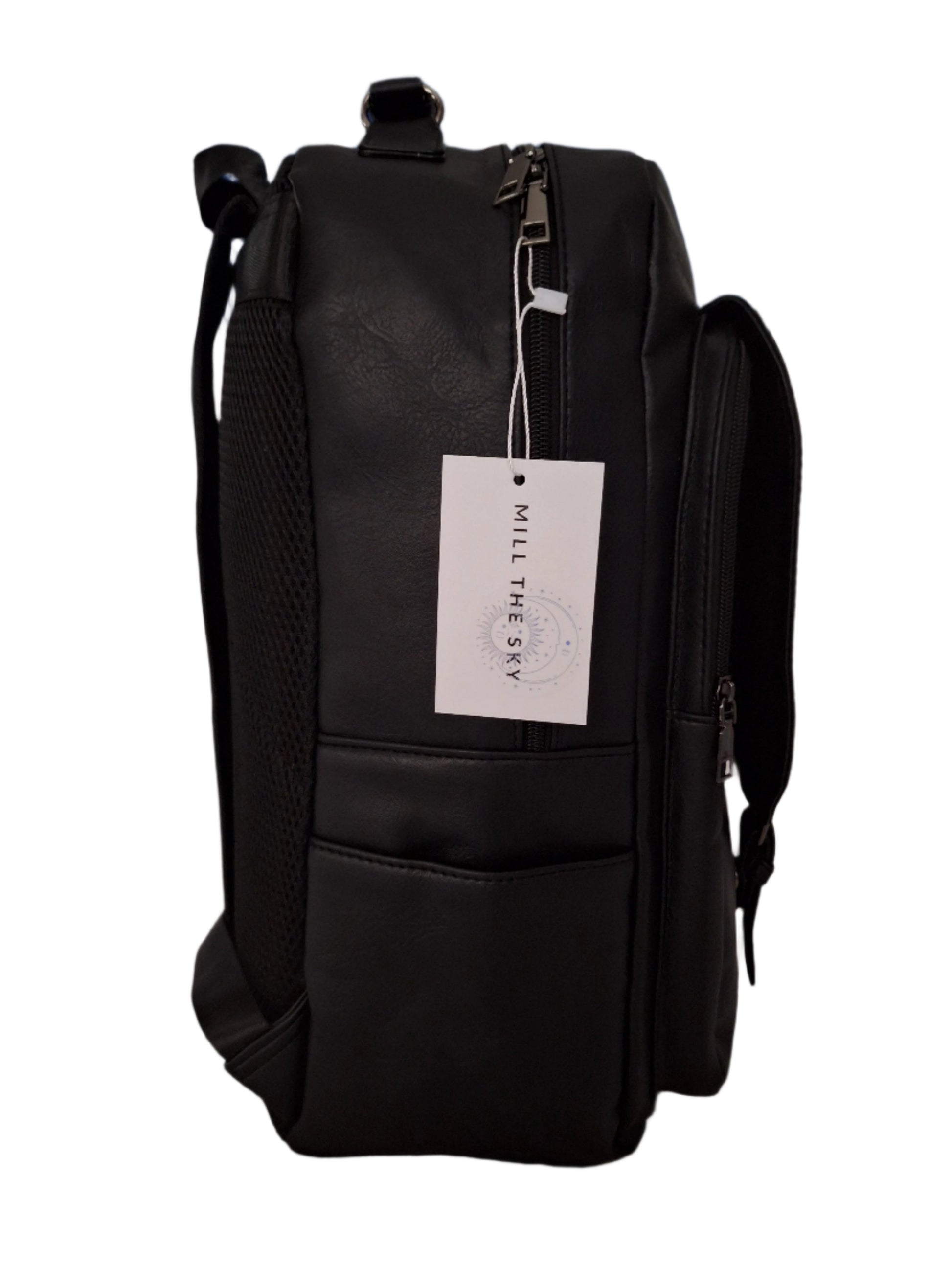 Mill The Sky: Ash-BLOC Square Distressed Faux Leather Fold & Top Hold Backpack. JET BLACK. Heavy Duty Mesh Straps Mill The Sky