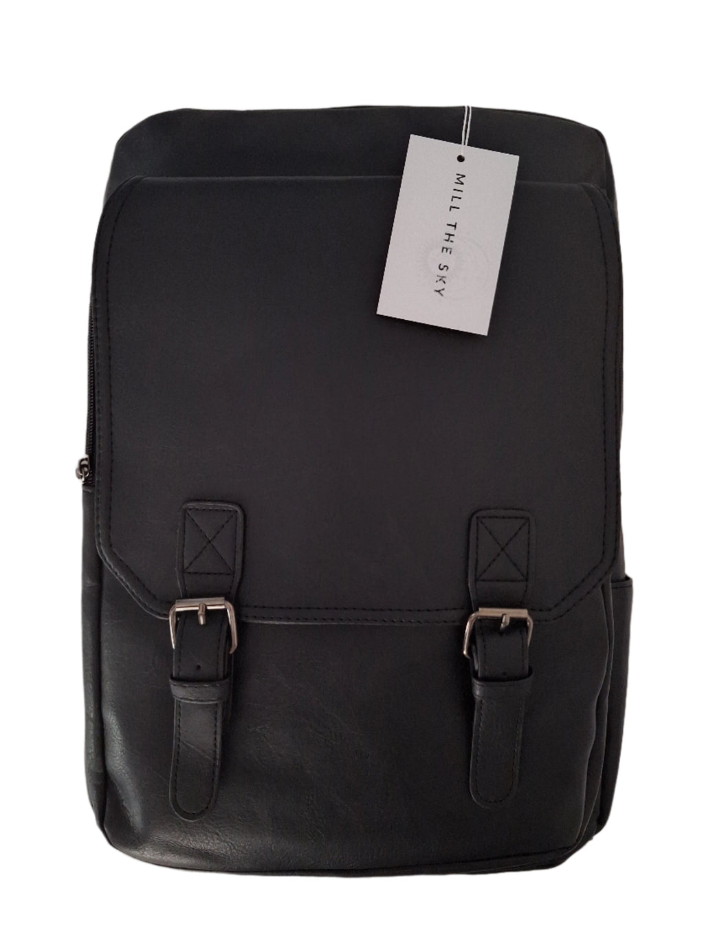 Mill The Sky: Ash-BLOC Square Distressed Faux Leather Fold & Top Hold Backpack. JET BLACK. Heavy Duty Mesh Straps Mill The Sky