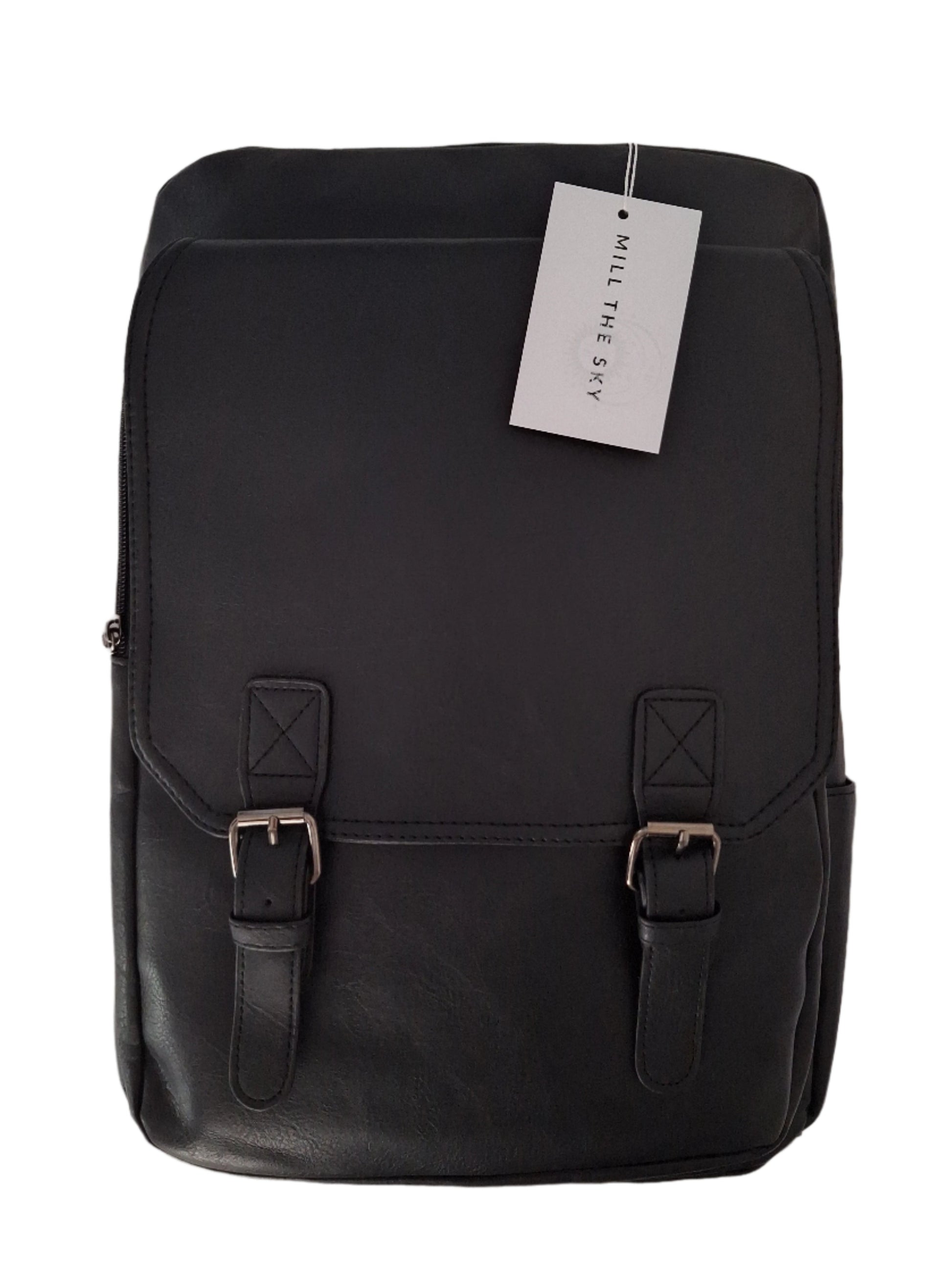 Mill The Sky: Ash-BLOC Square Distressed Faux Leather Fold & Top Hold Backpack. JET BLACK. Heavy Duty Mesh Straps Mill The Sky