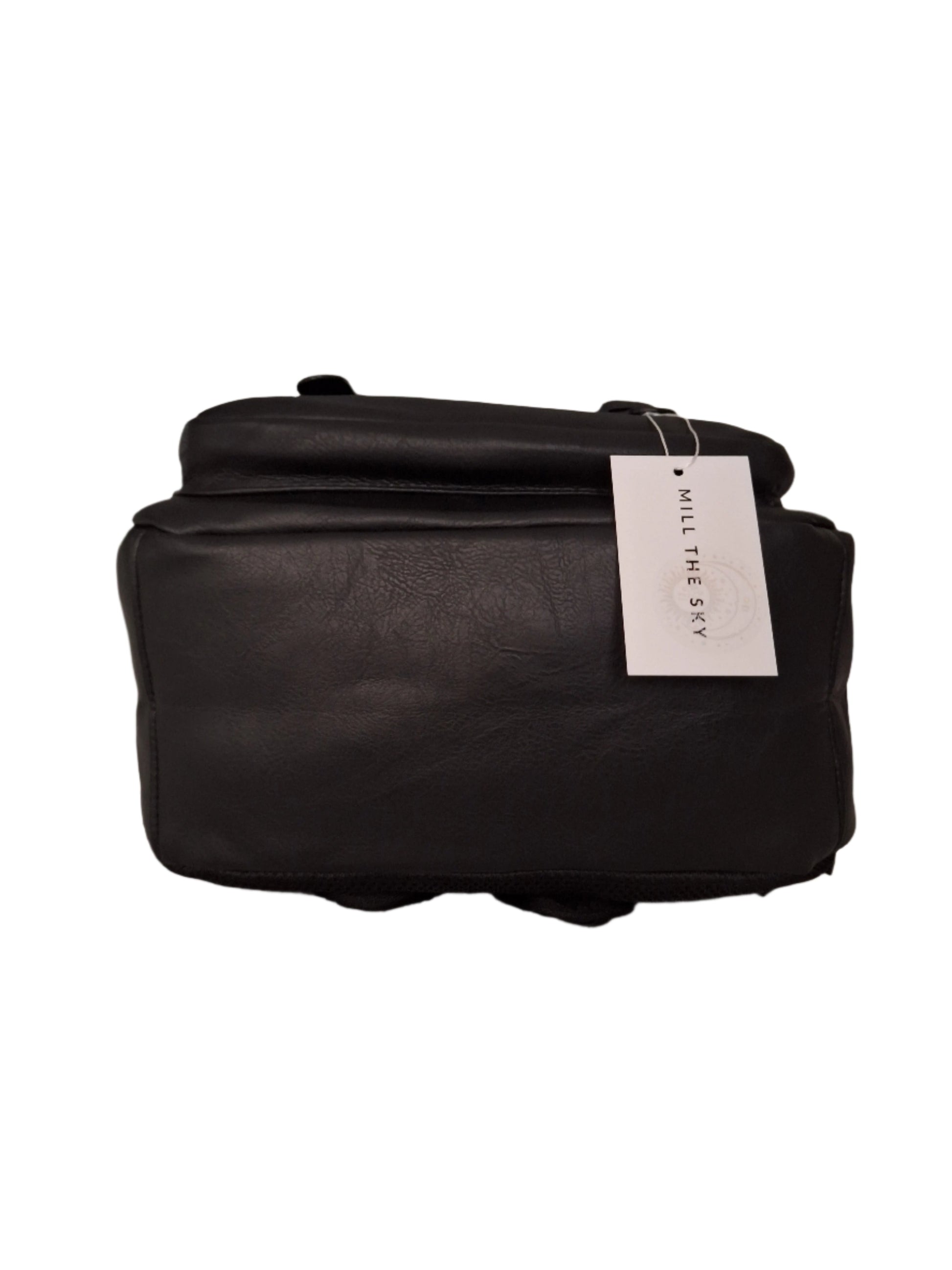Mill The Sky: Ash-BLOC Square Distressed Faux Leather Fold & Top Hold Backpack. JET BLACK. Heavy Duty Mesh Straps Mill The Sky