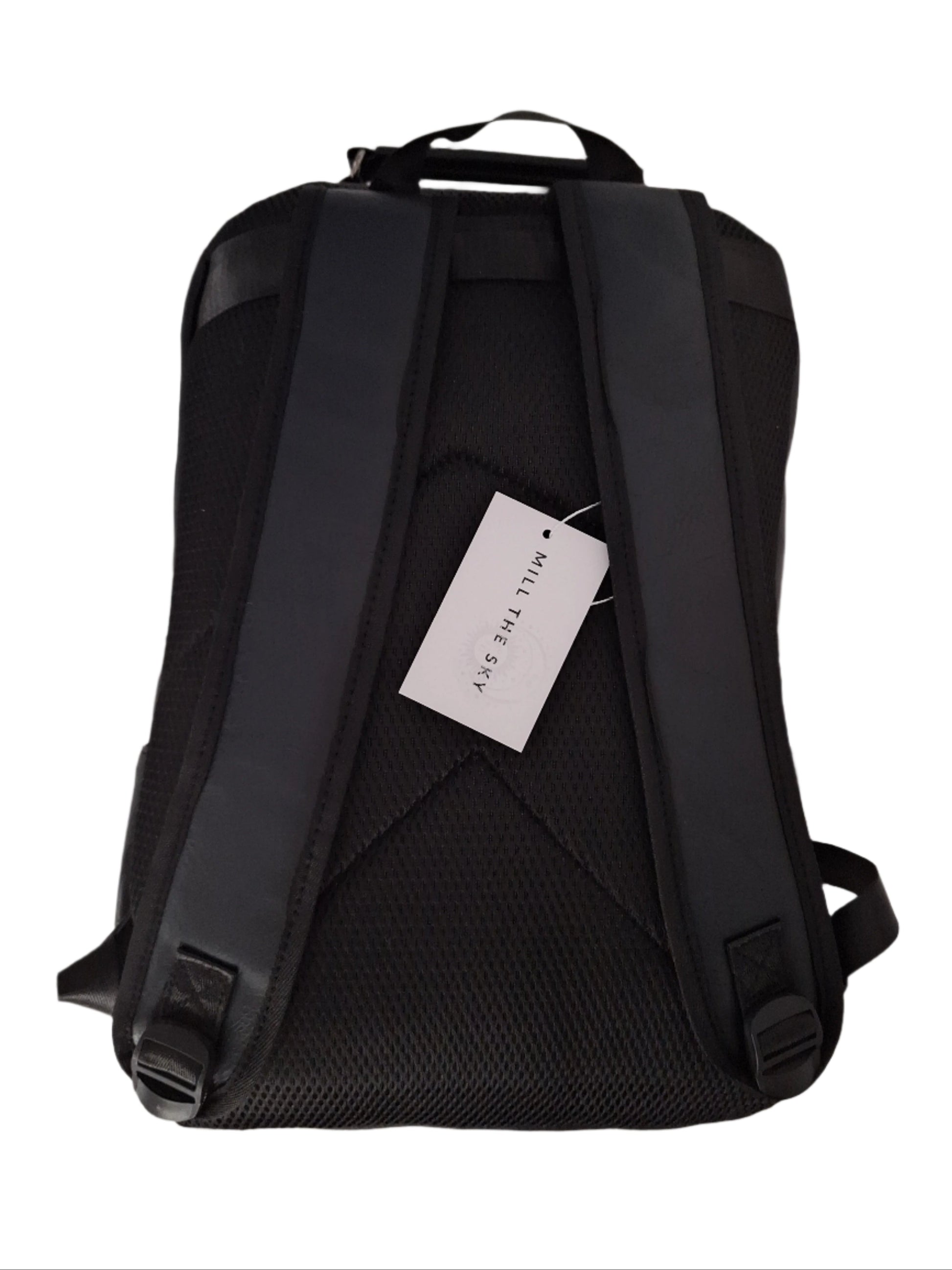 Mill The Sky: Ash-BLOC Square Distressed Faux Leather Fold & Top Hold Backpack. JET BLACK. Heavy Duty Mesh Straps Mill The Sky