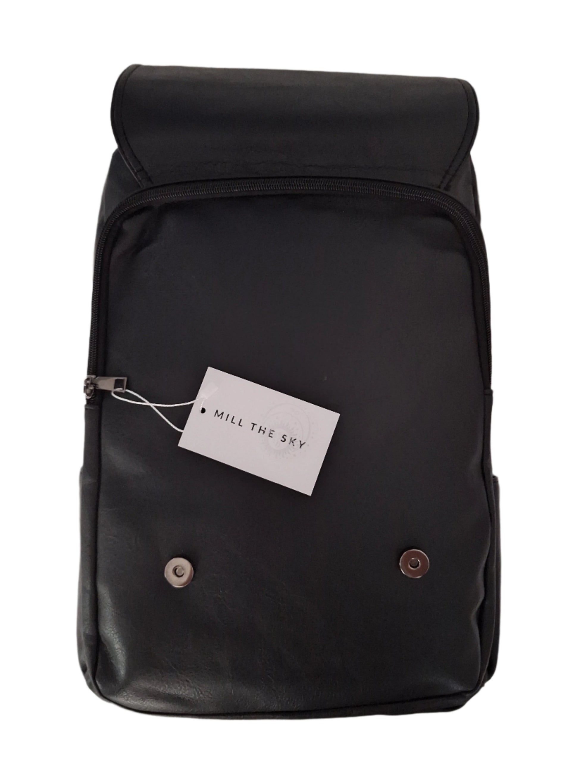 Mill The Sky: Ash-BLOC Square Distressed Faux Leather Fold & Top Hold Backpack. JET BLACK. Heavy Duty Mesh Straps Mill The Sky