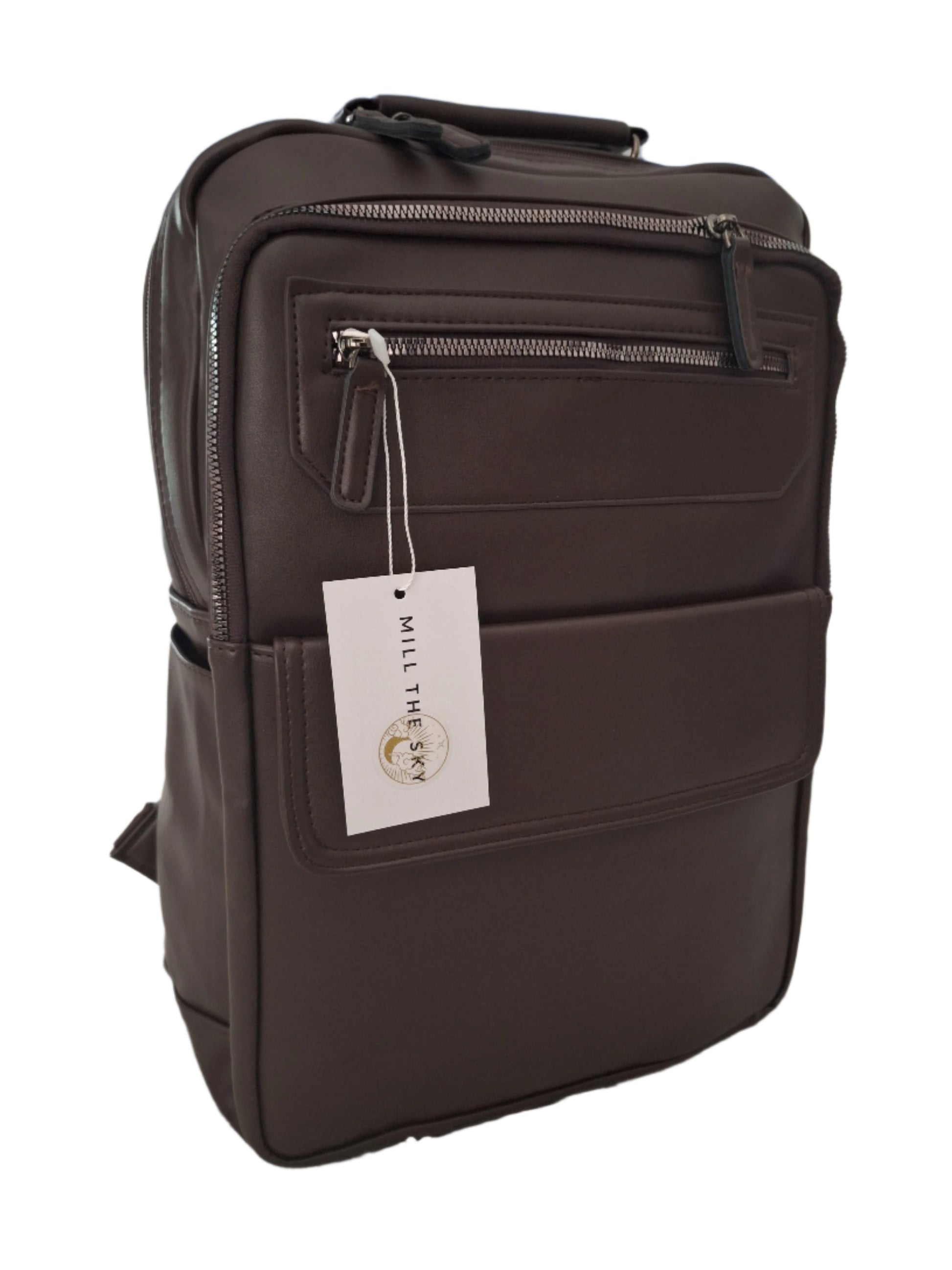 Mill The Sky: Roam-EXEC Square Format Thick Faux Leather City Professional Protective Ultrabook Laptop Backpack. FLAT BROWN. Handcrafted Mill The Sky