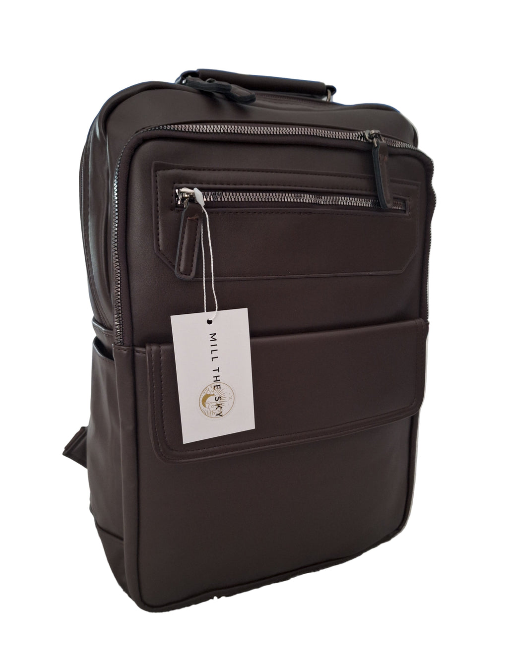 Mill The Sky: Roam-EXEC Square Format Thick Faux Leather City Professional Protective Ultrabook / Laptop Backpack. FLAT BROWN. Handcrafted Mill The Sky