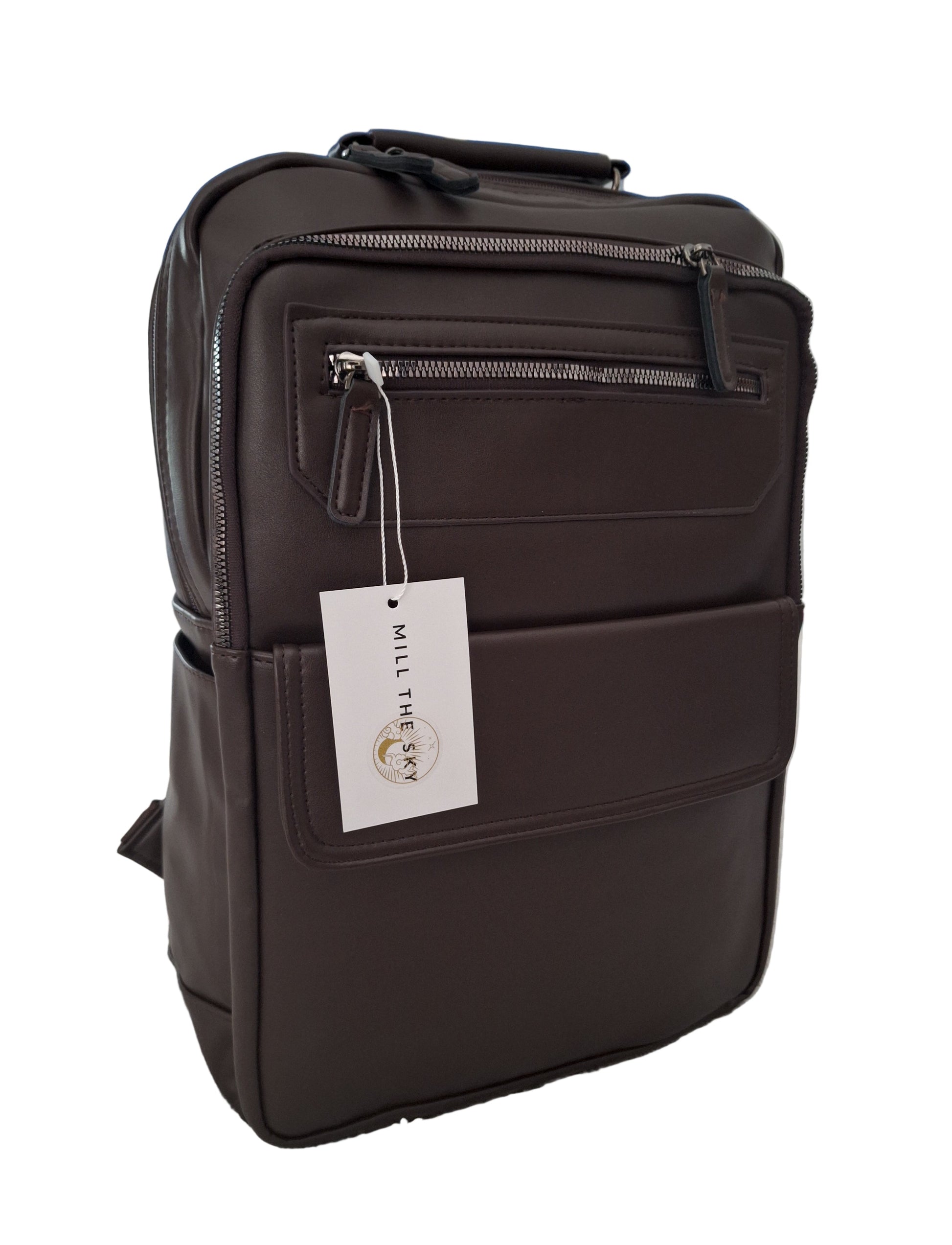 Mill The Sky: Roam-EXEC Square Format Thick Faux Leather City Professional Protective Ultrabook / Laptop Backpack. FLAT BROWN. Handcrafted Mill The Sky