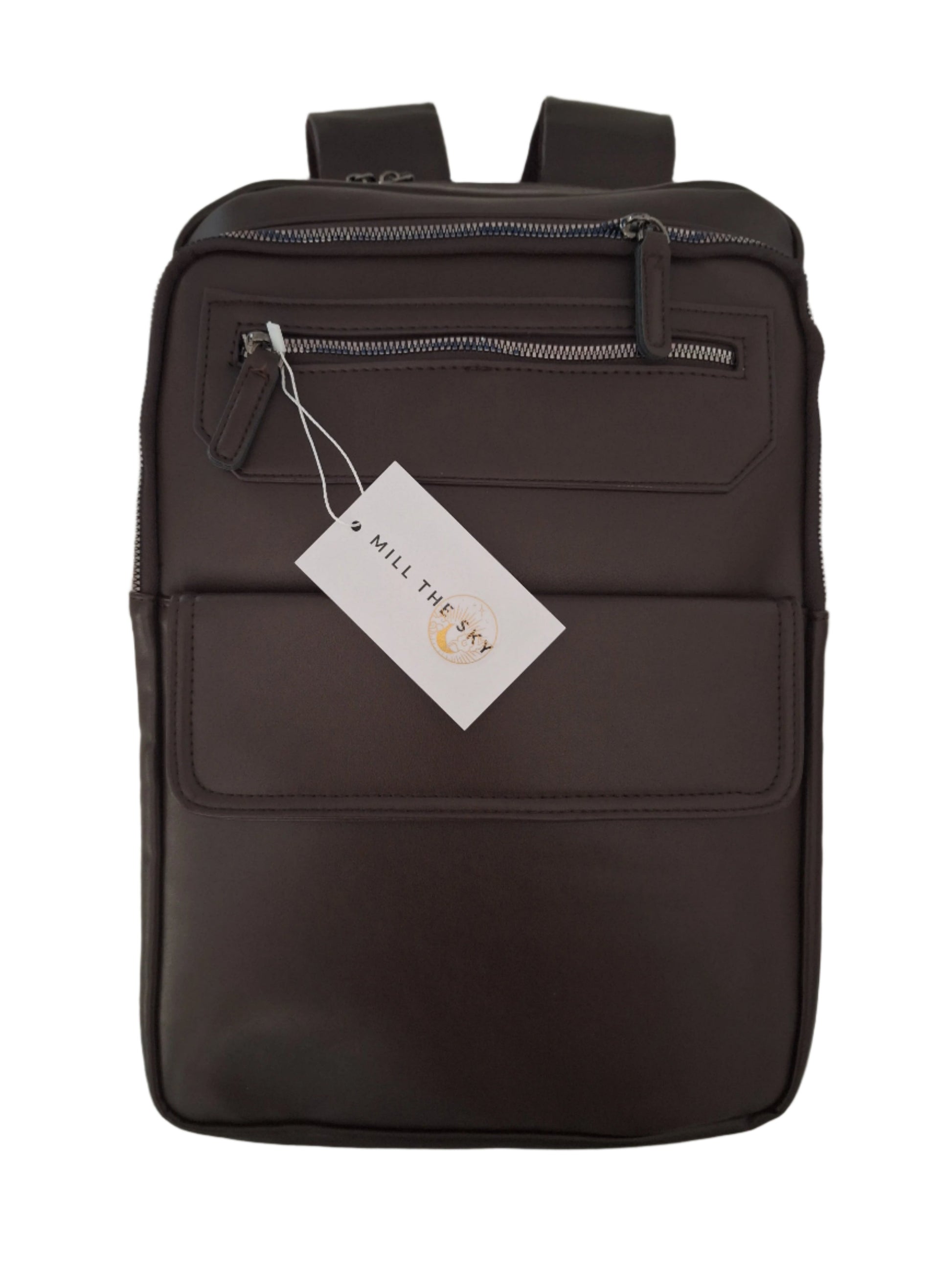 Mill The Sky: Roam-EXEC Square Format Thick Faux Leather City Professional Protective Ultrabook Laptop Backpack. FLAT BROWN. Handcrafted Mill The Sky