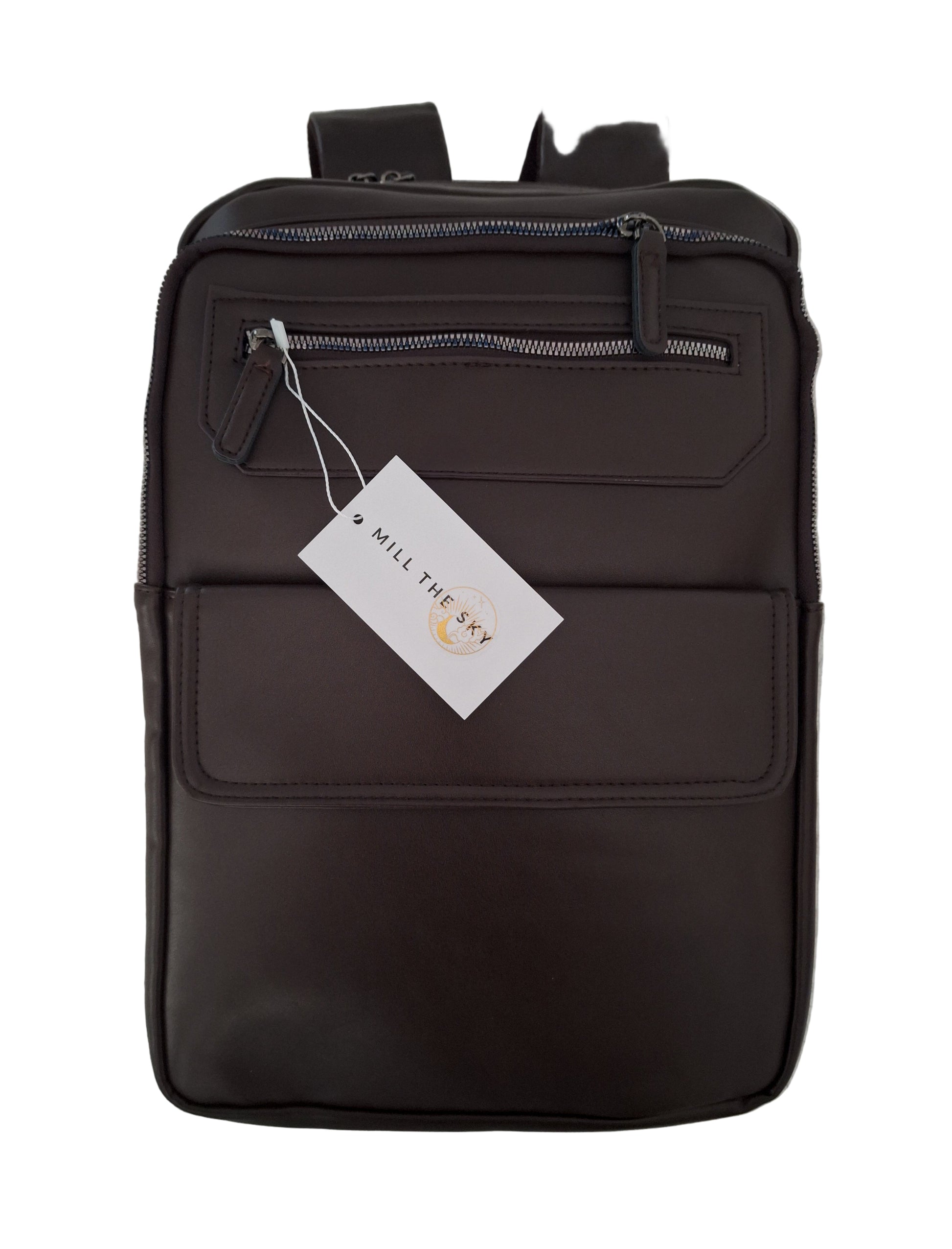 Mill The Sky: Roam-EXEC Square Format Thick Faux Leather City Professional Protective Ultrabook / Laptop Backpack. FLAT BROWN. Handcrafted Mill The Sky