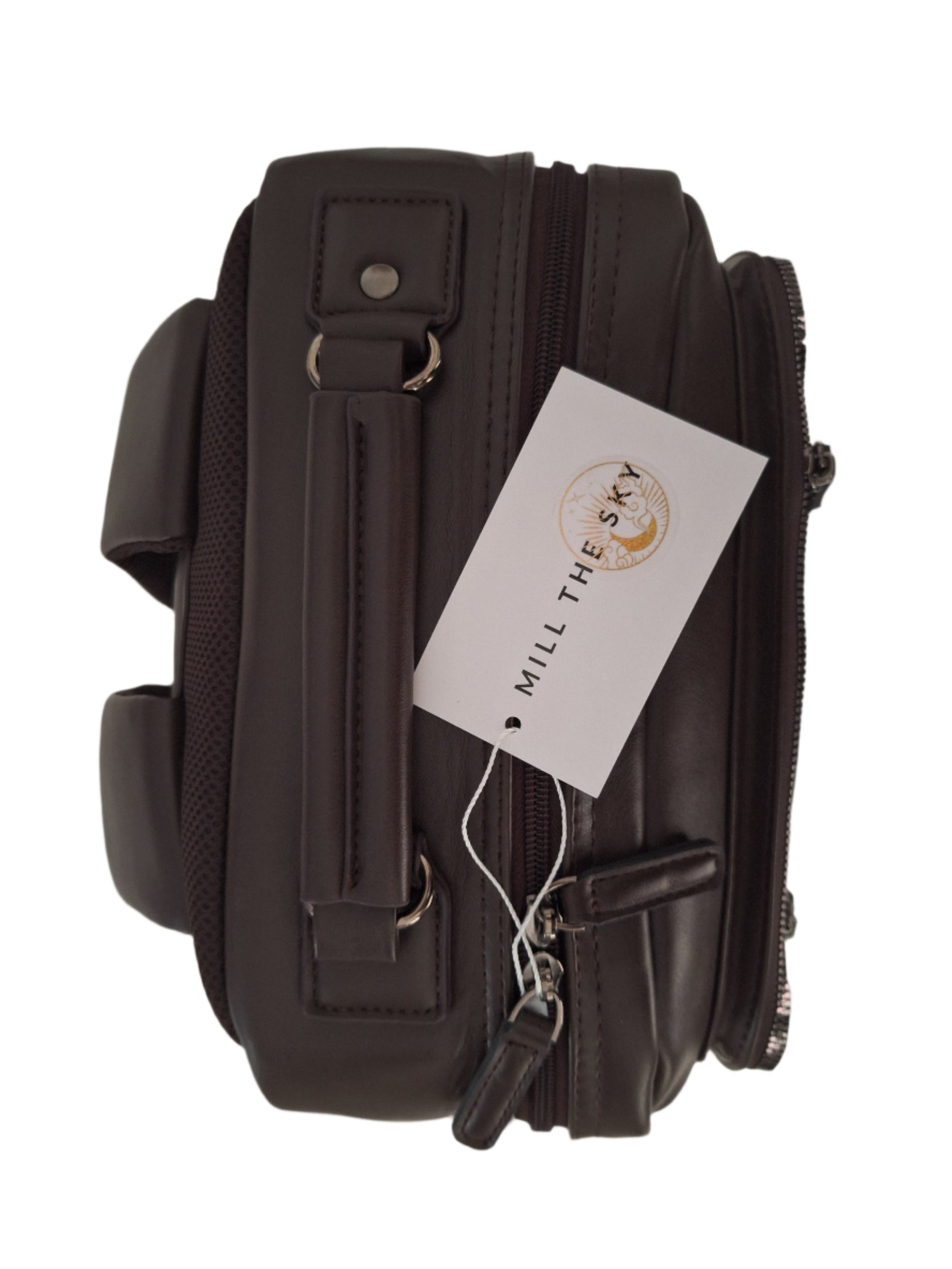 Mill The Sky: Roam-EXEC Square Format Thick Faux Leather City Professional Protective Ultrabook Laptop Backpack. FLAT BROWN. Handcrafted Mill The Sky